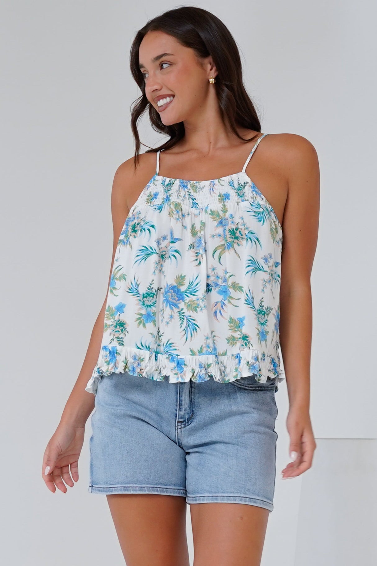 Jazzie Top - Gathered Neckline Tie Up Straps in Dudley Print