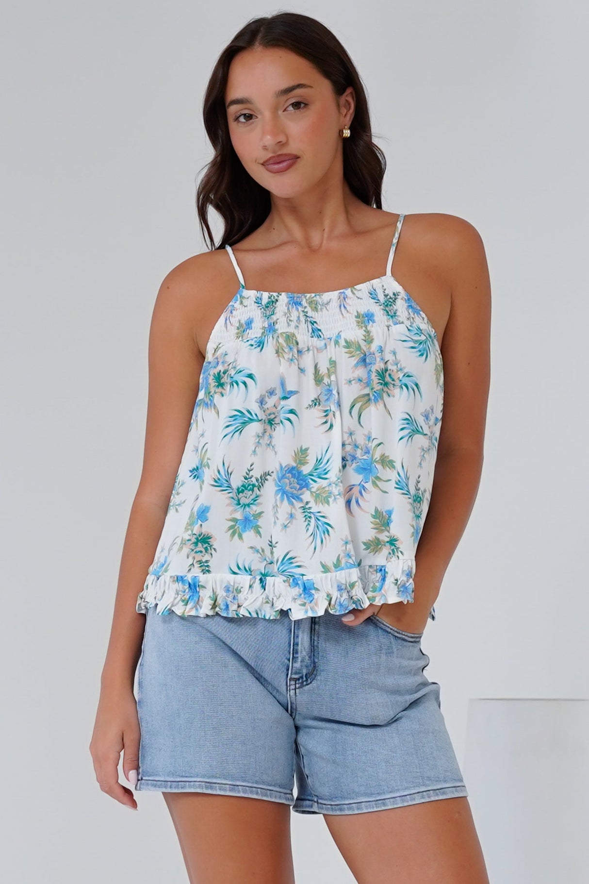 Jazzie Top - Gathered Neckline Tie Up Straps in Dudley Print