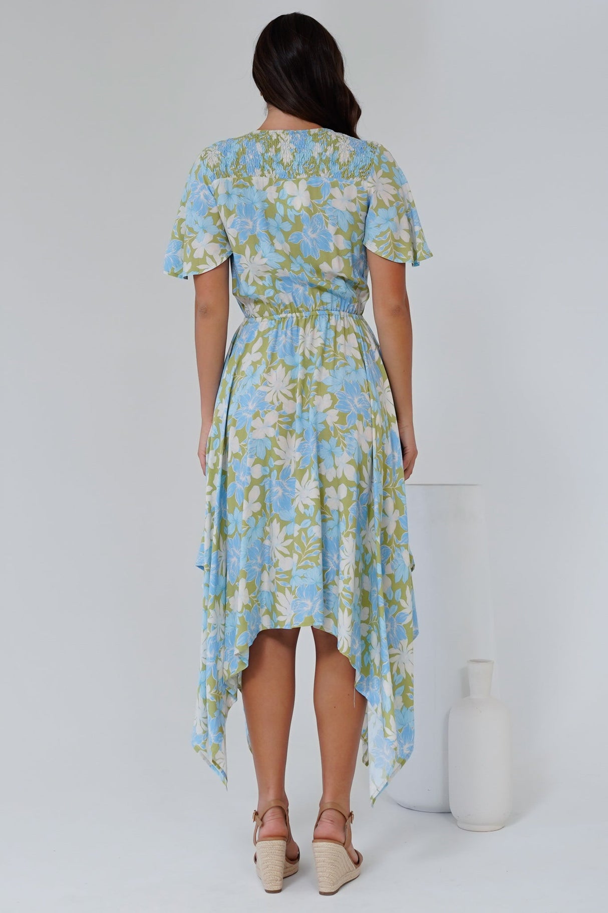 Jefferson Midi Dress - Flutter Sleeve Handkerchief Hem Dress in Laura Print