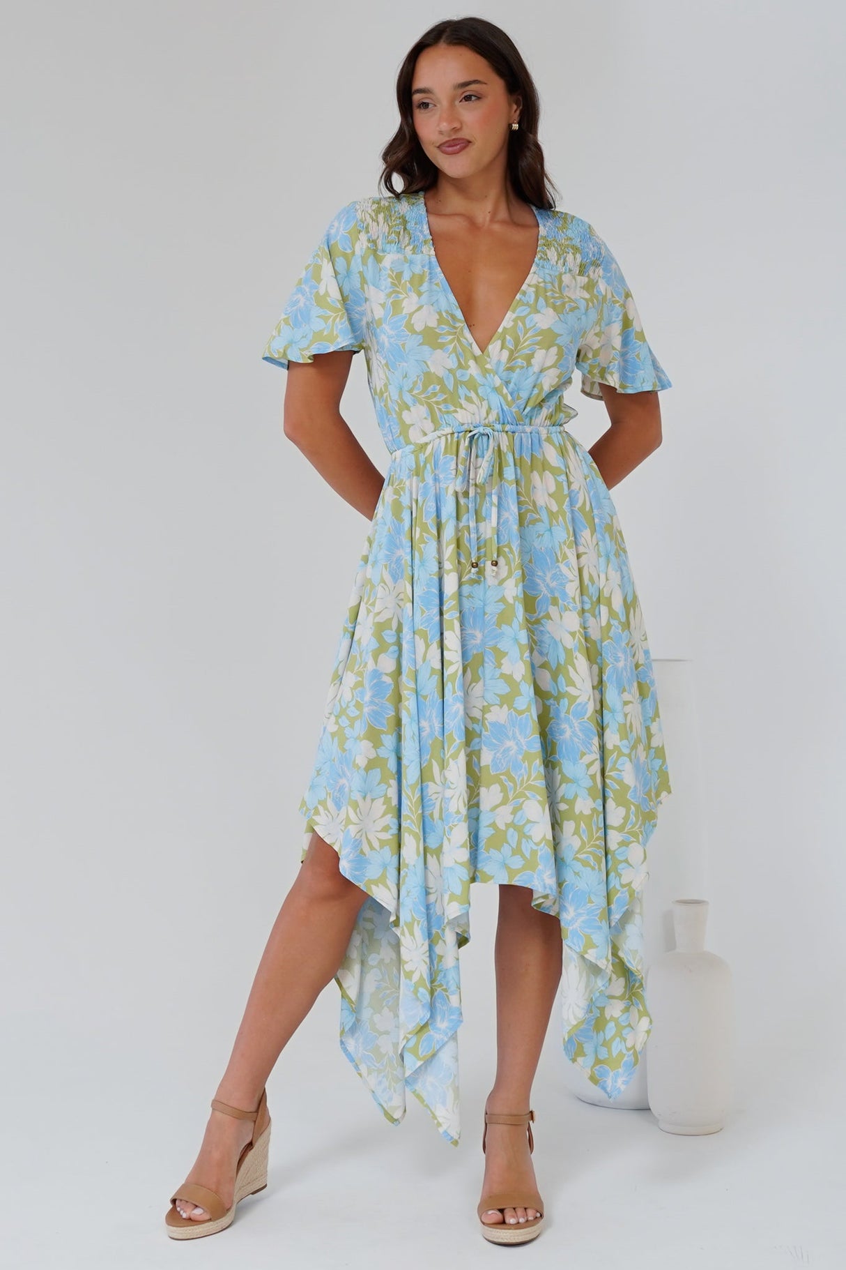 Jefferson Midi Dress - Flutter Sleeve Handkerchief Hem Dress in Laura Print
