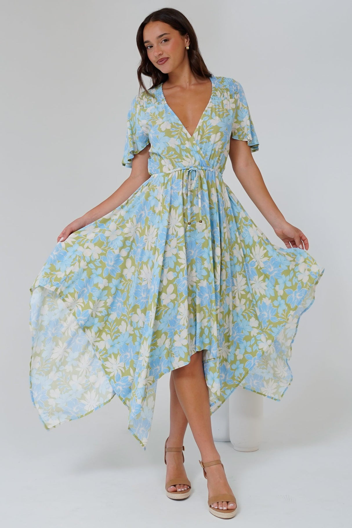 Jefferson Midi Dress - Flutter Sleeve Handkerchief Hem Dress in Laura Print