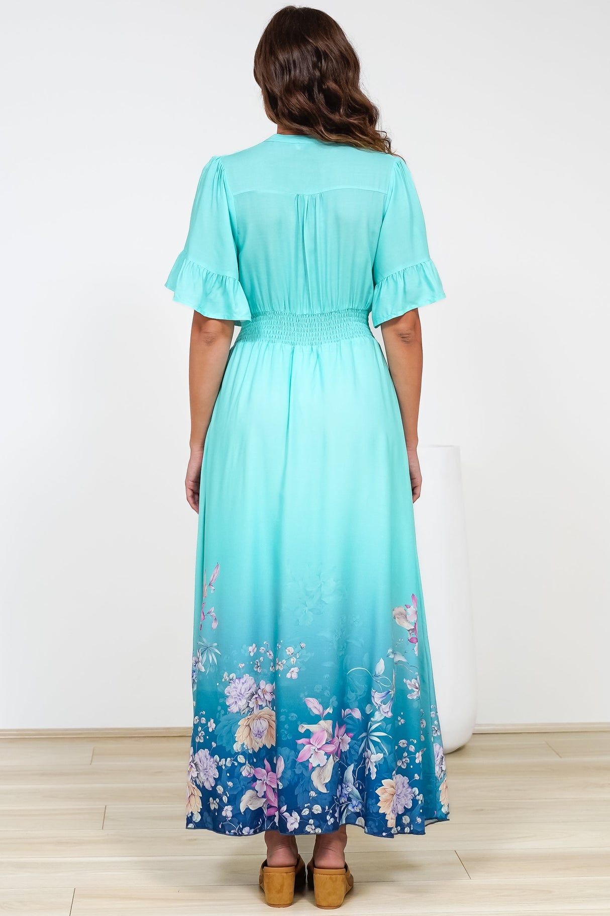 Jemina Maxi Dress - V-Neck Elasticated Waist A-Line Dress in Candyce Print Blue