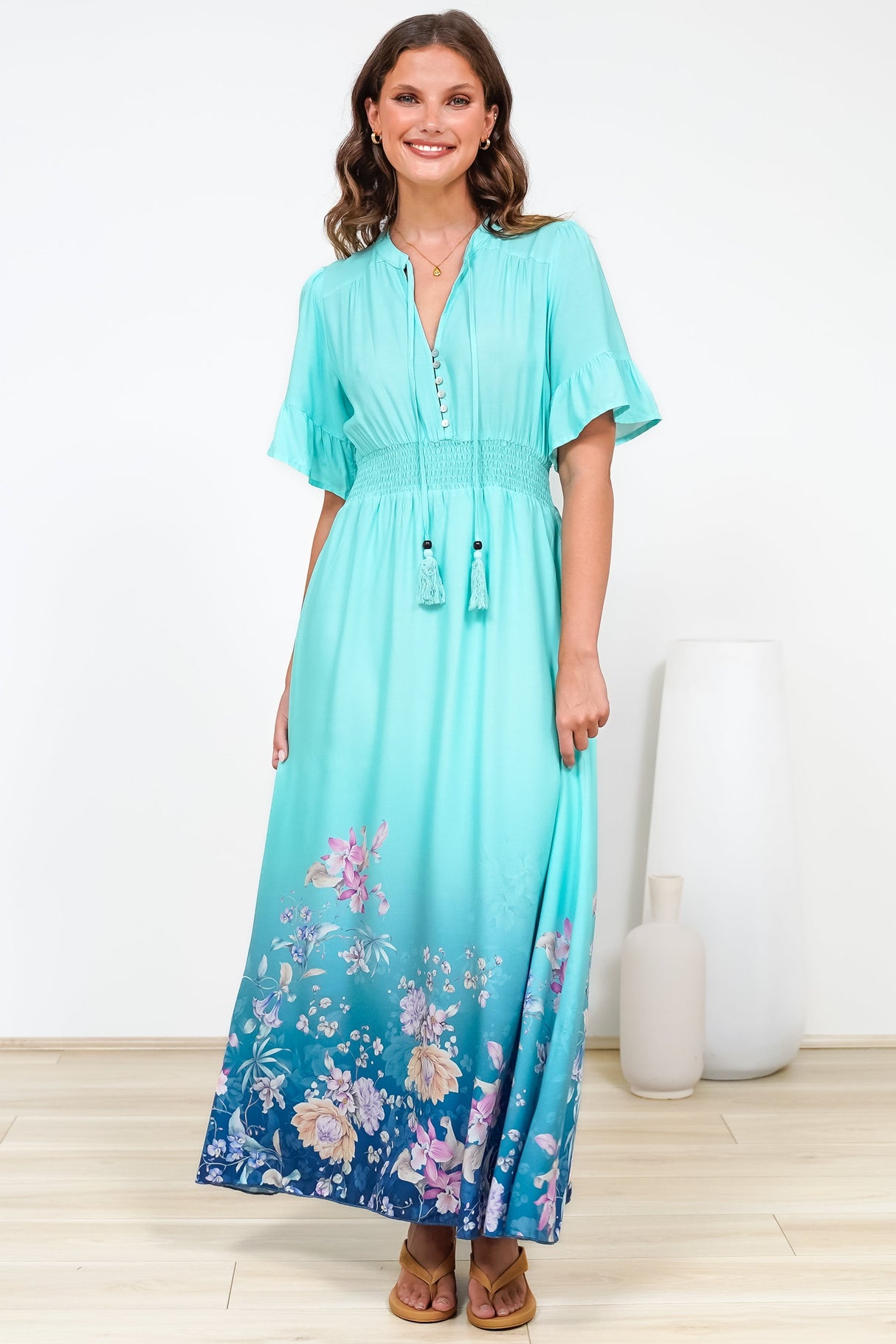 Jemina Maxi Dress - V-Neck Elasticated Waist A-Line Dress in Candyce Print Blue