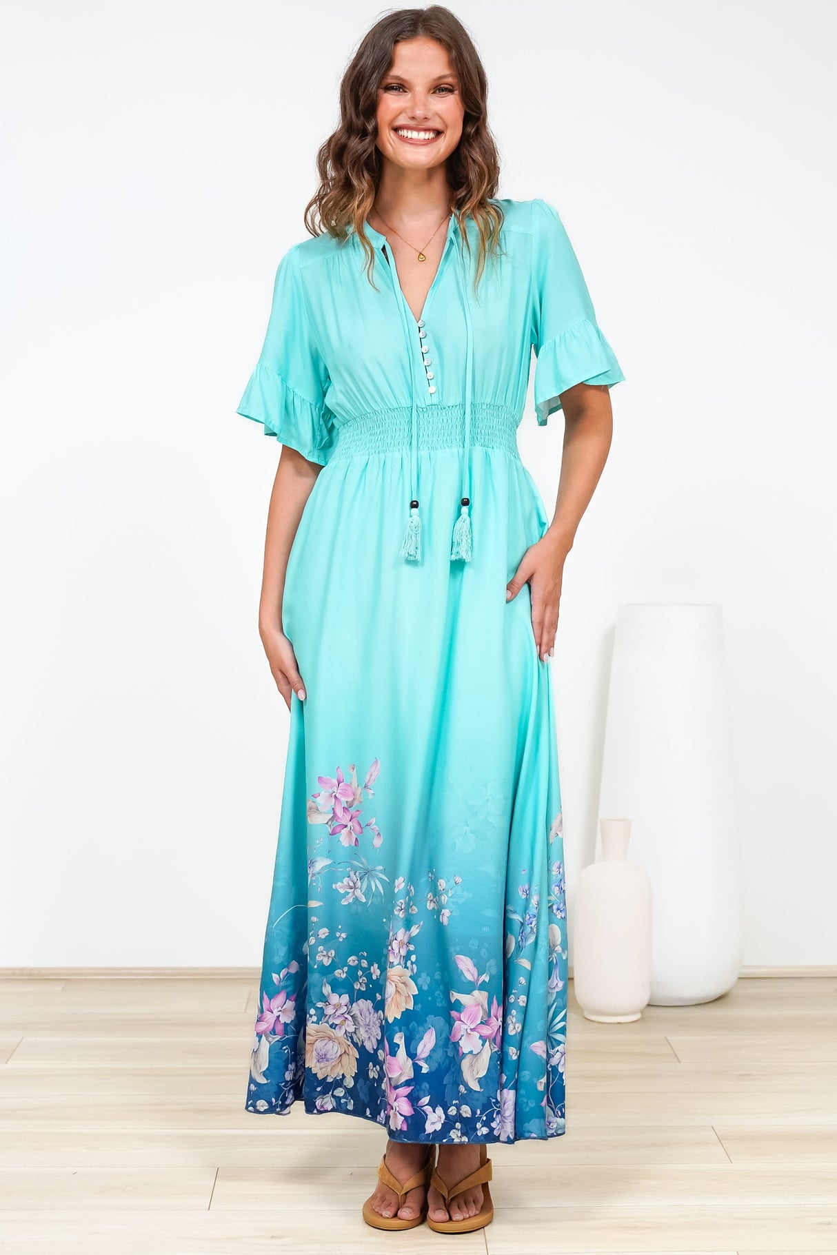 Jemina Maxi Dress - V-Neck Elasticated Waist A-Line Dress in Candyce Print Blue
