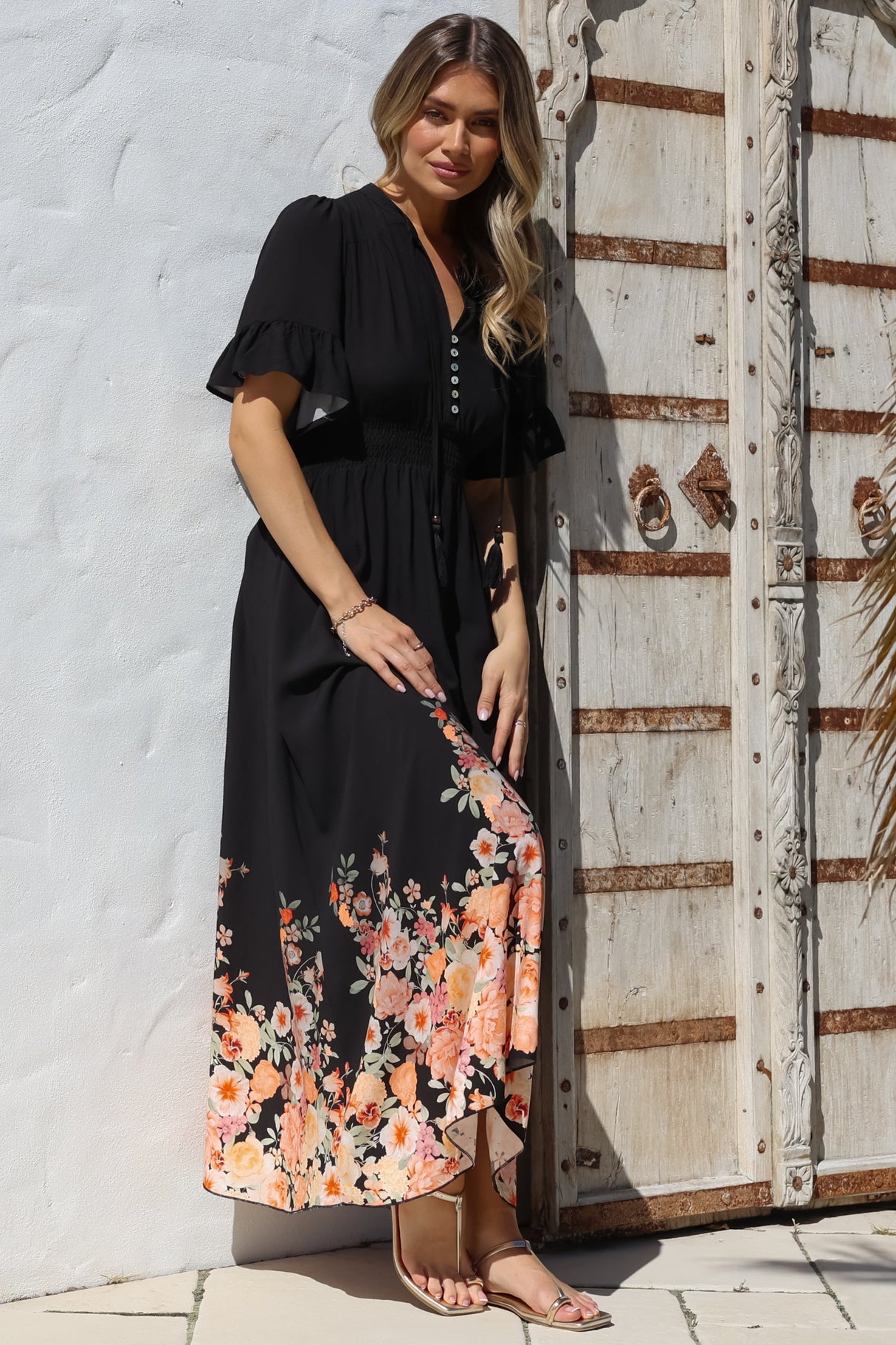 Jemina Maxi Dress - V-Neck Elasticated Waist A-Line Dress in Florence Print Black