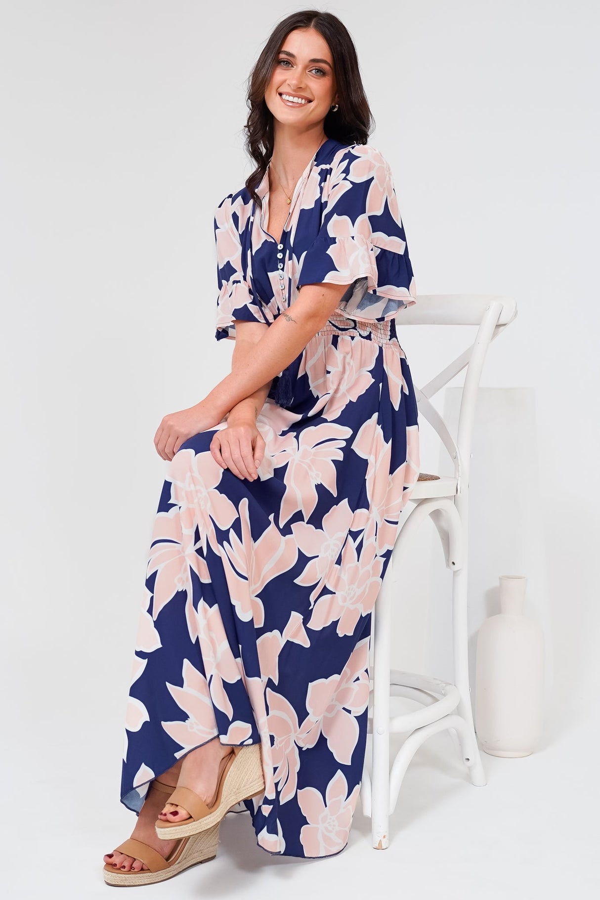 Jemina Maxi Dress - V-Neck Elasticated Waist A-Line Dress in Jetson Print Navy