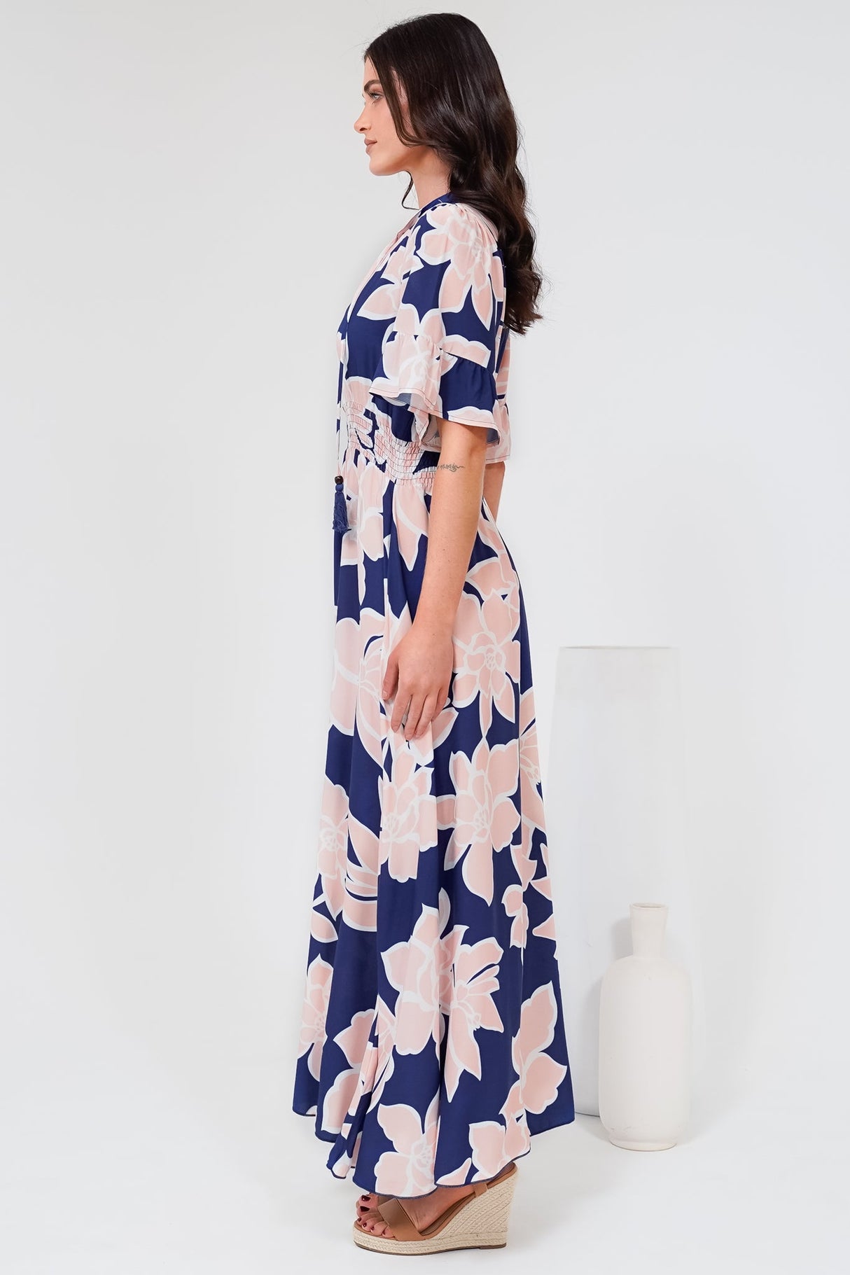 Jemina Maxi Dress - V-Neck Elasticated Waist A-Line Dress in Jetson Print Navy