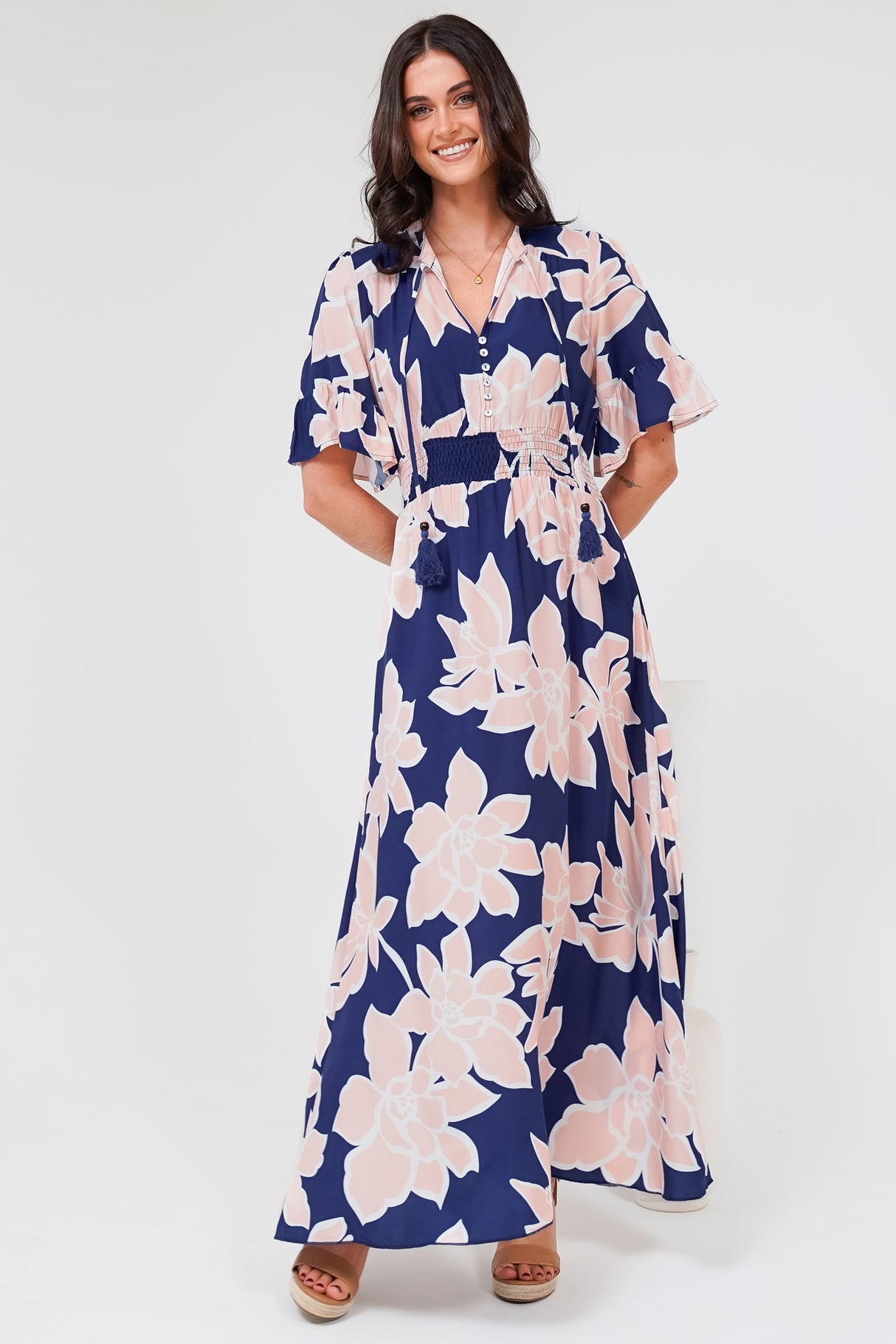Jemina Maxi Dress - V-Neck Elasticated Waist A-Line Dress in Jetson Print Navy
