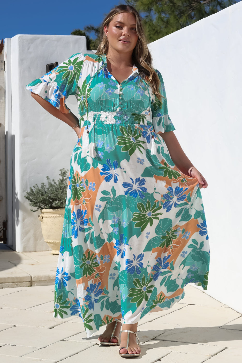 Jemina Maxi Dress - V-Neck Elasticated Waist A-Line Dress in Meaghan Print