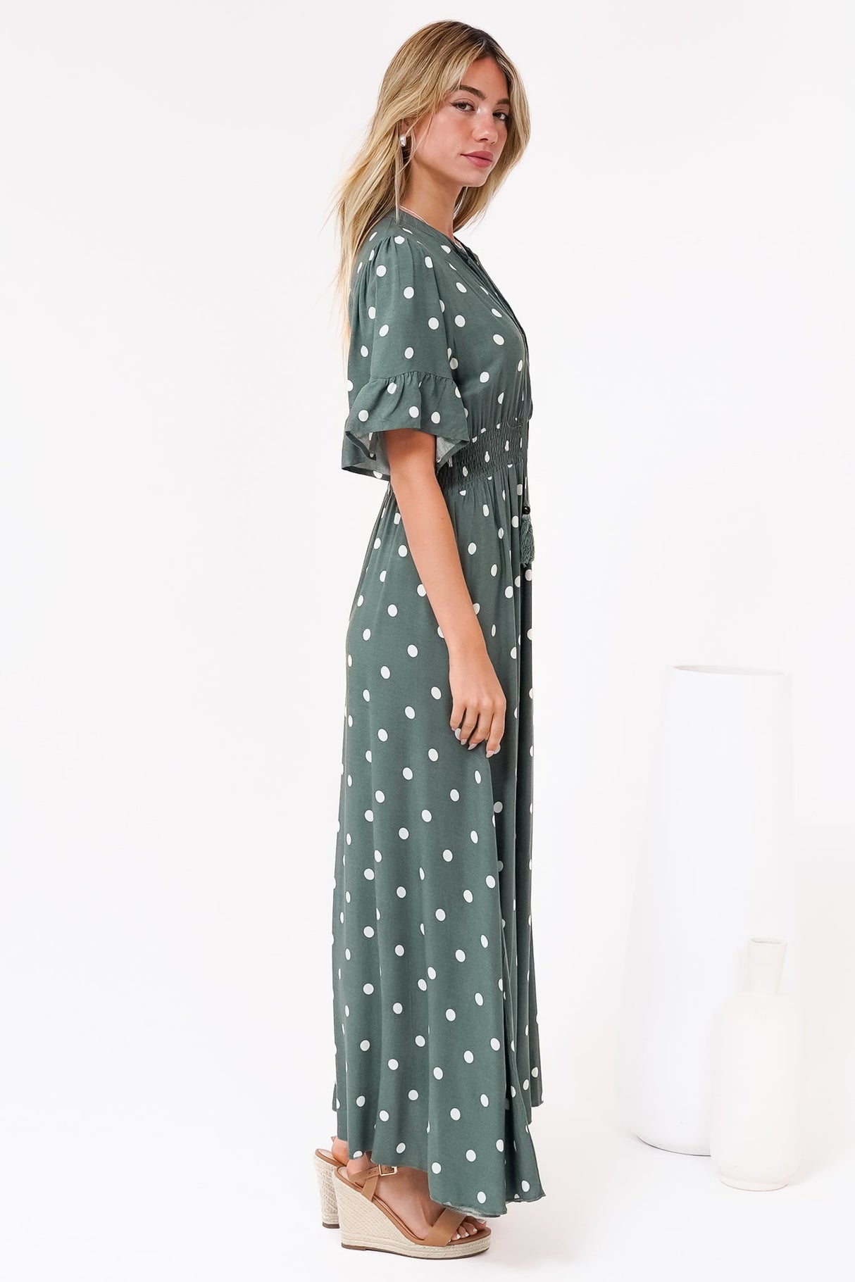 Jemina Maxi Dress - V-Neck Elasticated Waist A-Line Dress in Parisian Polka Print Khaki