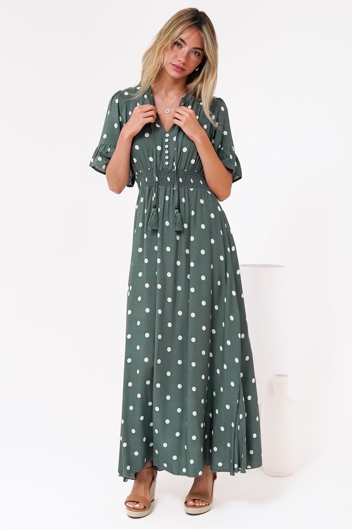 Jemina Maxi Dress - V-Neck Elasticated Waist A-Line Dress in Parisian Polka Print Khaki