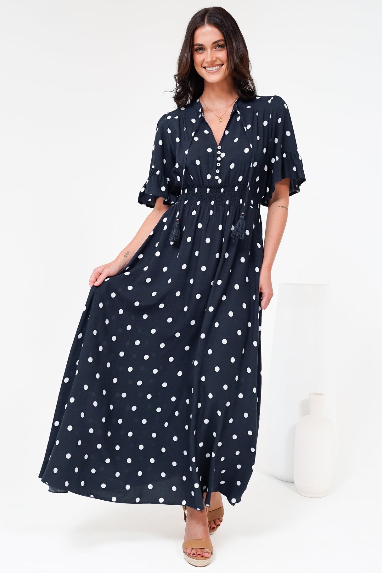 Jemina Maxi Dress - V-Neck Elasticated Waist A-Line Dress in Parisian Polka Print Navy