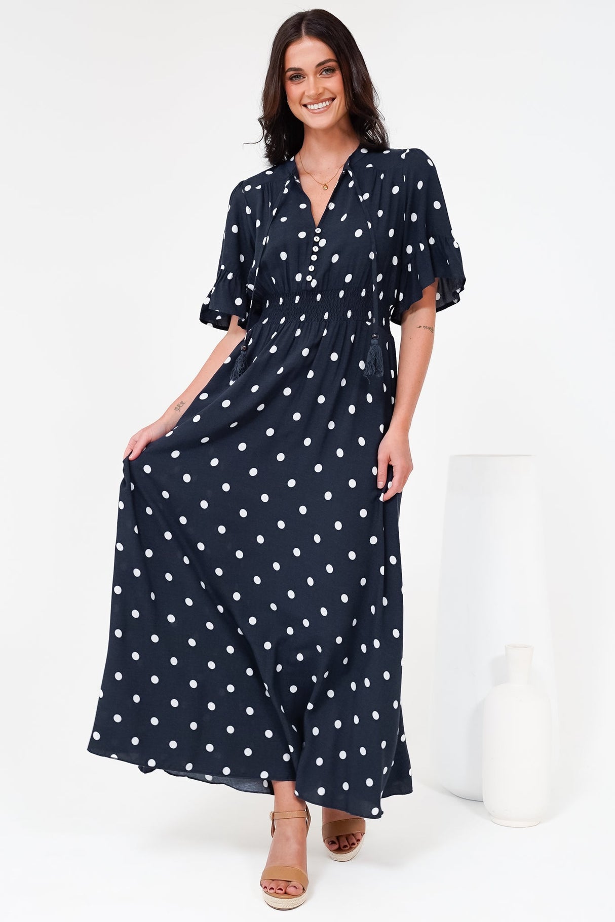 Jemina Maxi Dress - V-Neck Elasticated Waist A-Line Dress in Parisian Polka Print Navy
