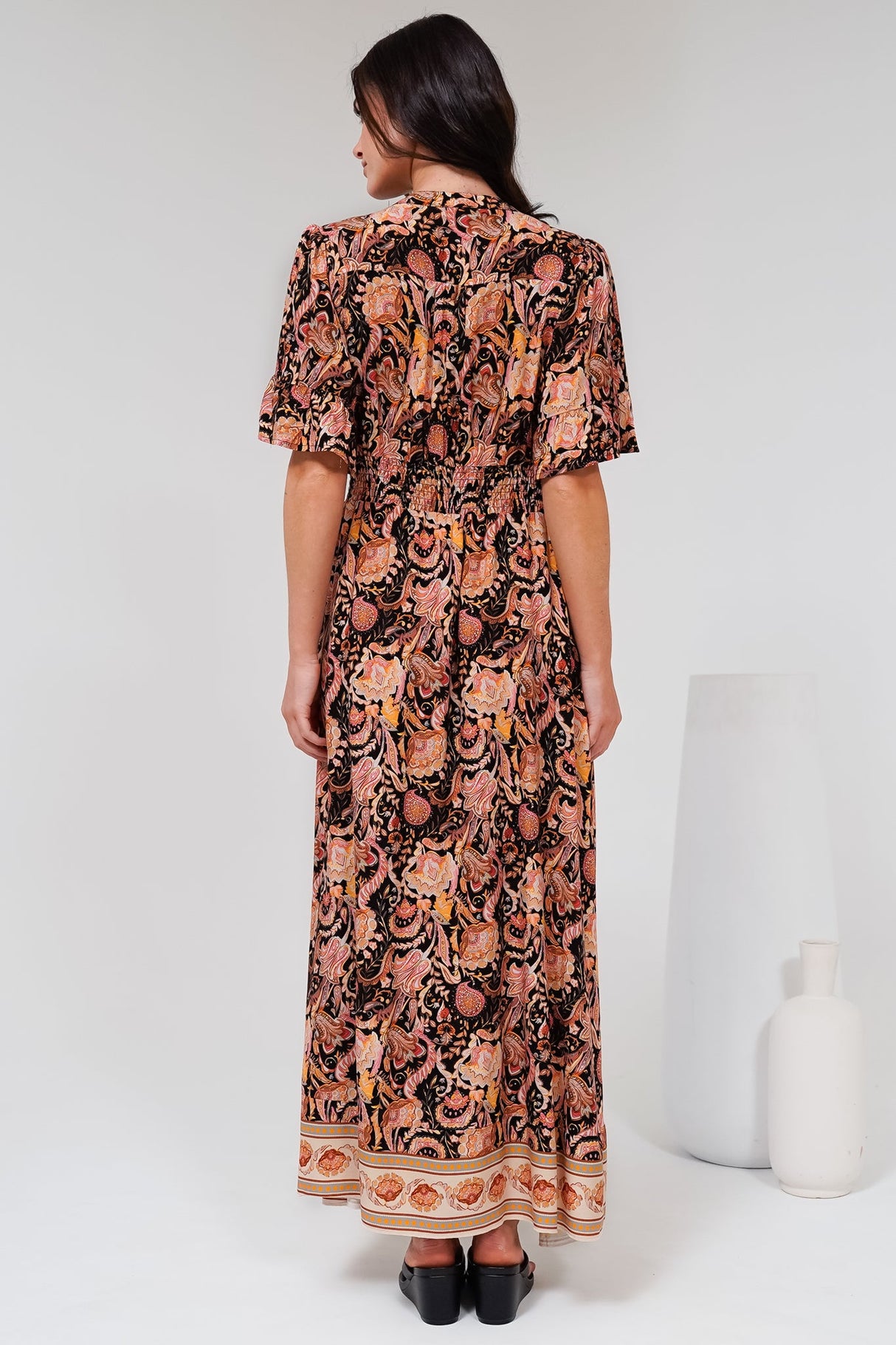 Jemina Maxi Dress - V-Neck Elasticated Waist A-Line Dress in Pree Print Black