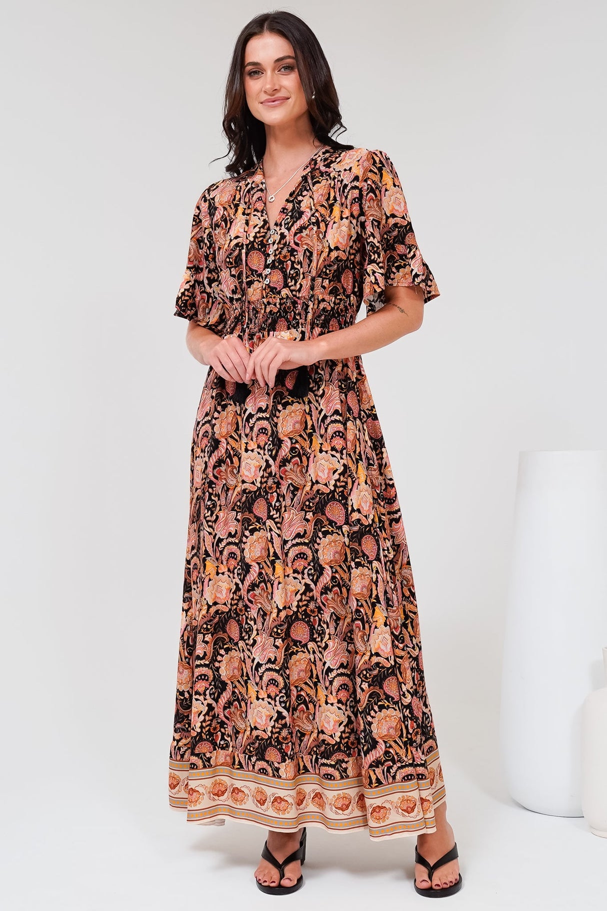 Jemina Maxi Dress - V-Neck Elasticated Waist A-Line Dress in Pree Print Black