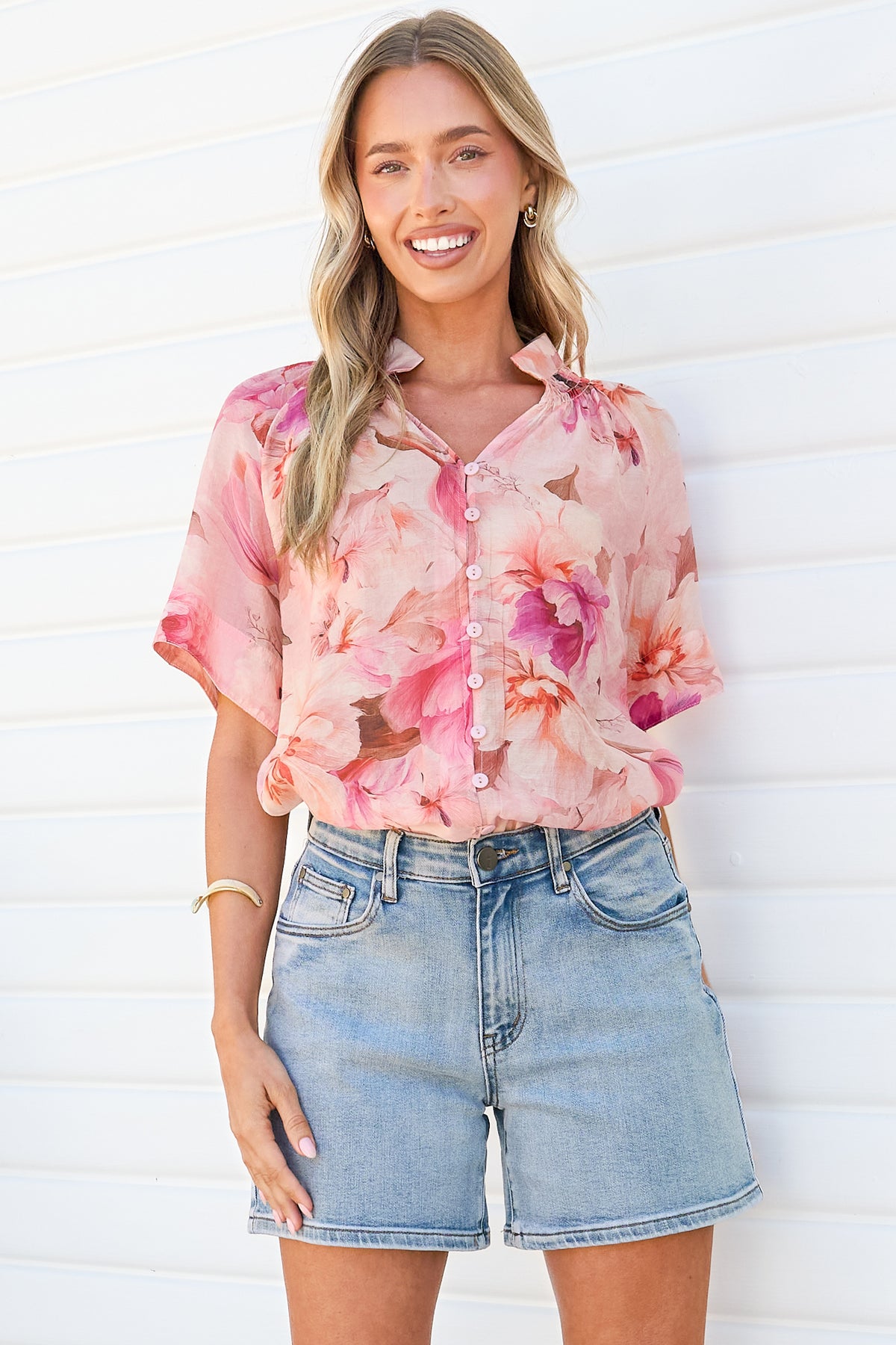 Jennara Blouse - Button Front Blouse with Smocked Yoke Detail and Short Sleeves in Marnie Print