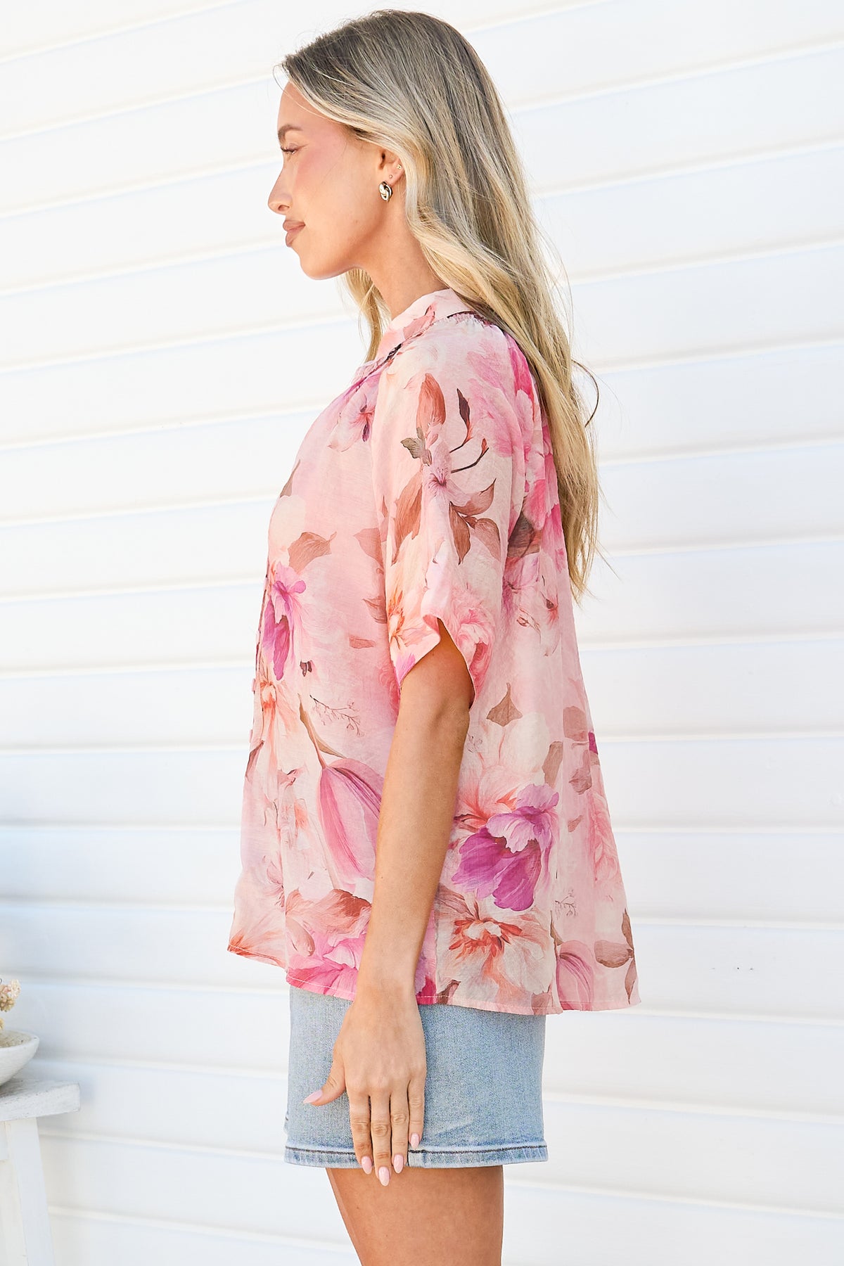 Jennara Blouse - Button Front Blouse with Smocked Yoke Detail and Short Sleeves in Marnie Print