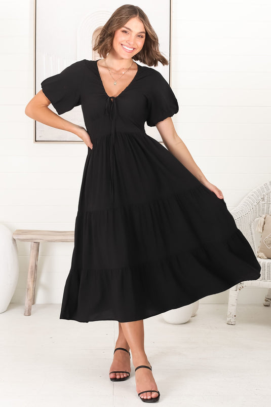Jenny Midi Dress - Pull In V Neckline Dress with Cap Balloon Sleeves in Black