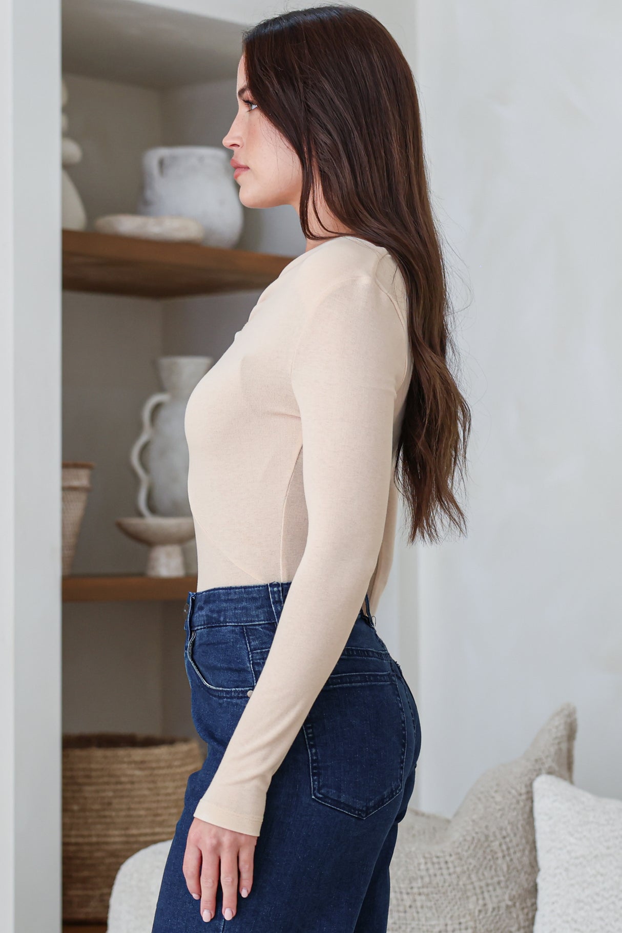 Jessica Bodysuit - Asymmetric Tie Knot Neckline and Push Button Closure in Cream