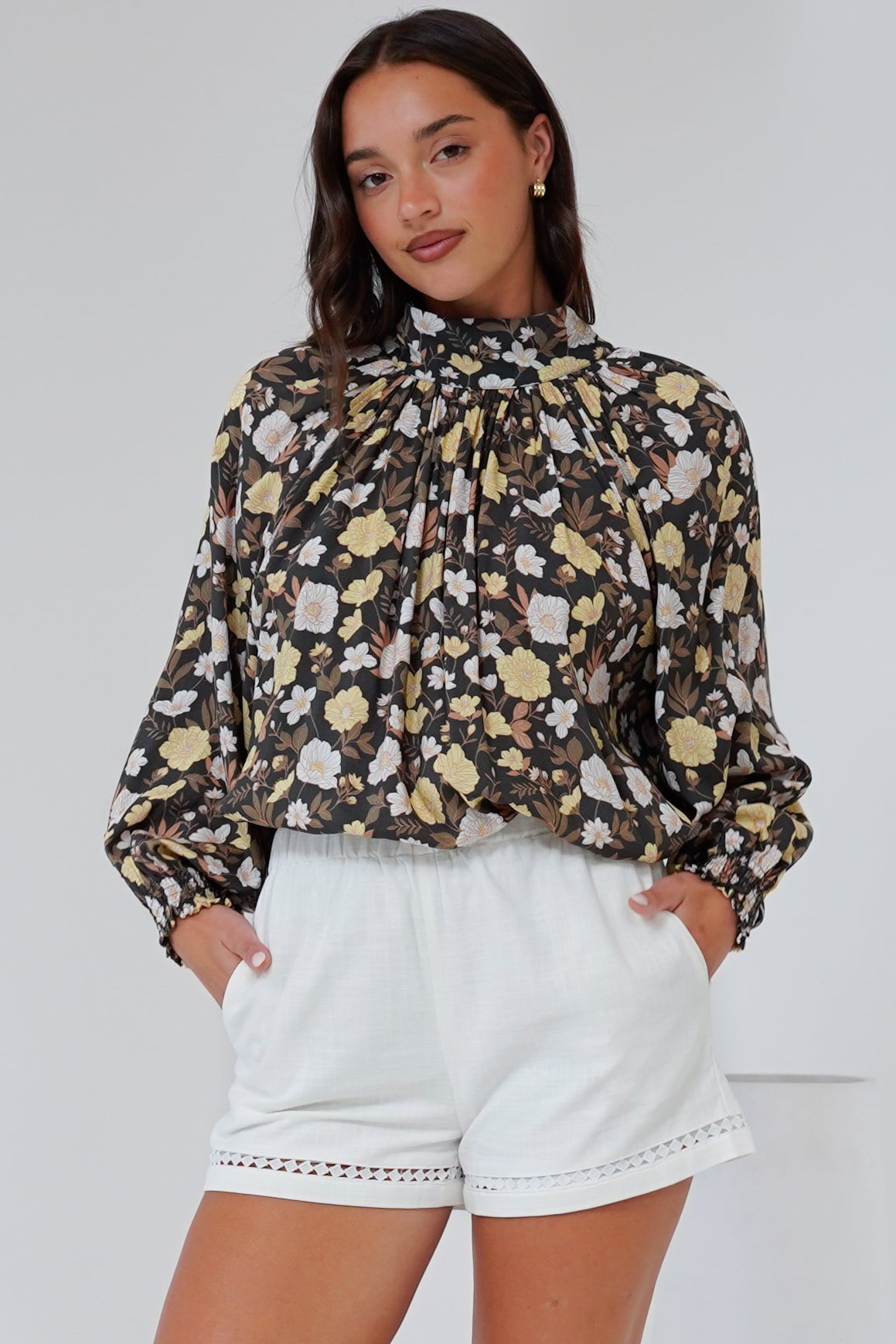 Jia Top - High Neck Long Sleeve Top with Tie at Back in Shiloh Print