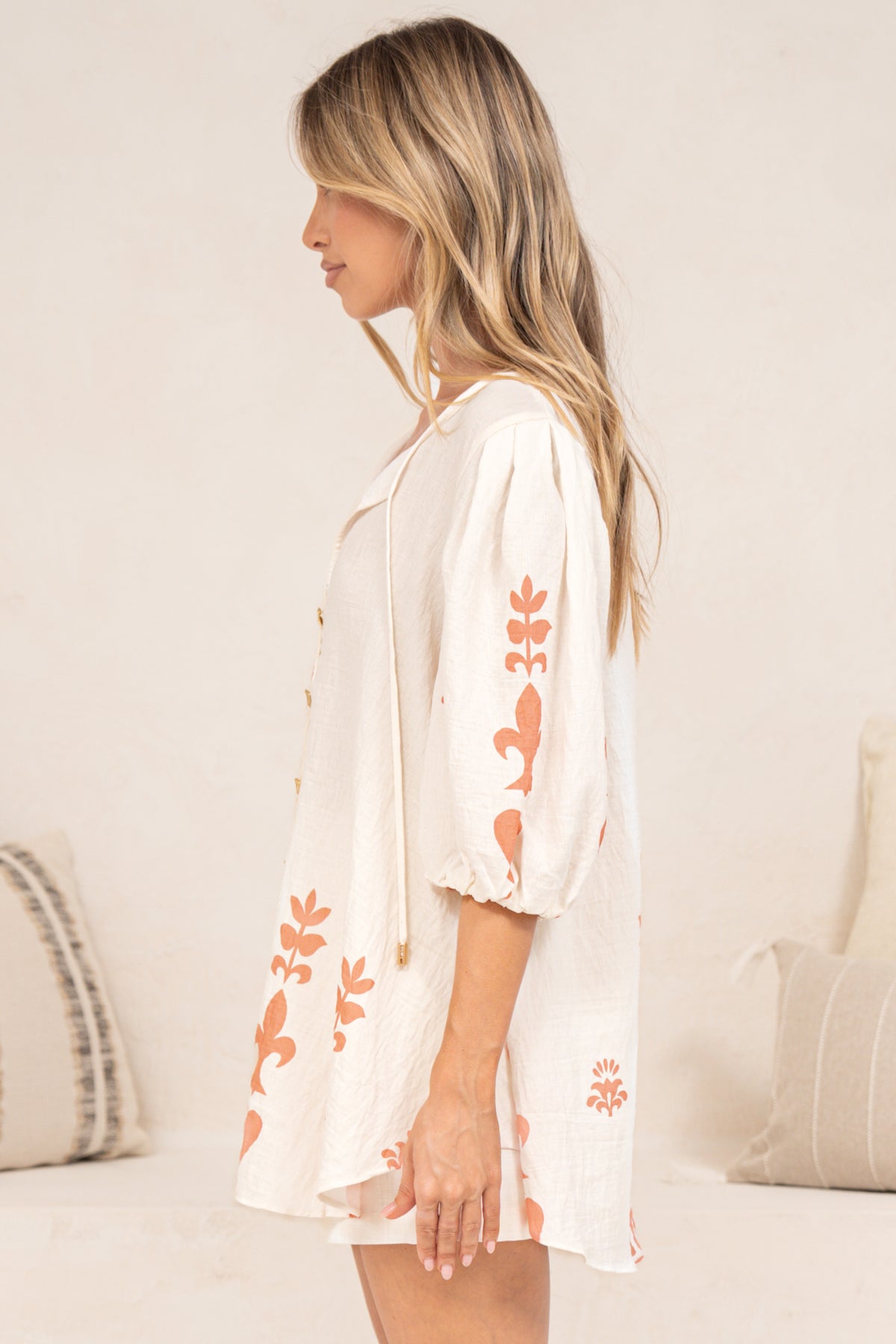 Joan Blouse - Tie-front Button Down Blouse with Balloon Sleeves in Serenoa Print