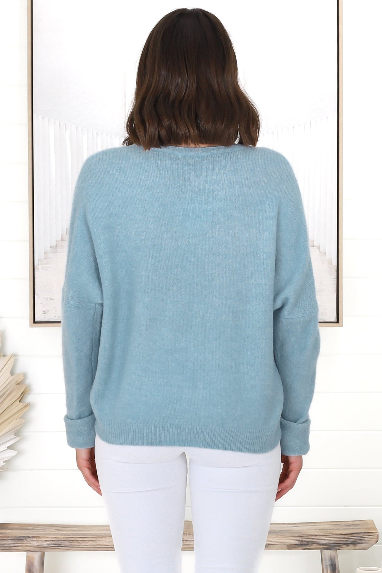Joanne Knit Top - Crew Neckline Bat Wing Long Sleeve Top in Water Blue