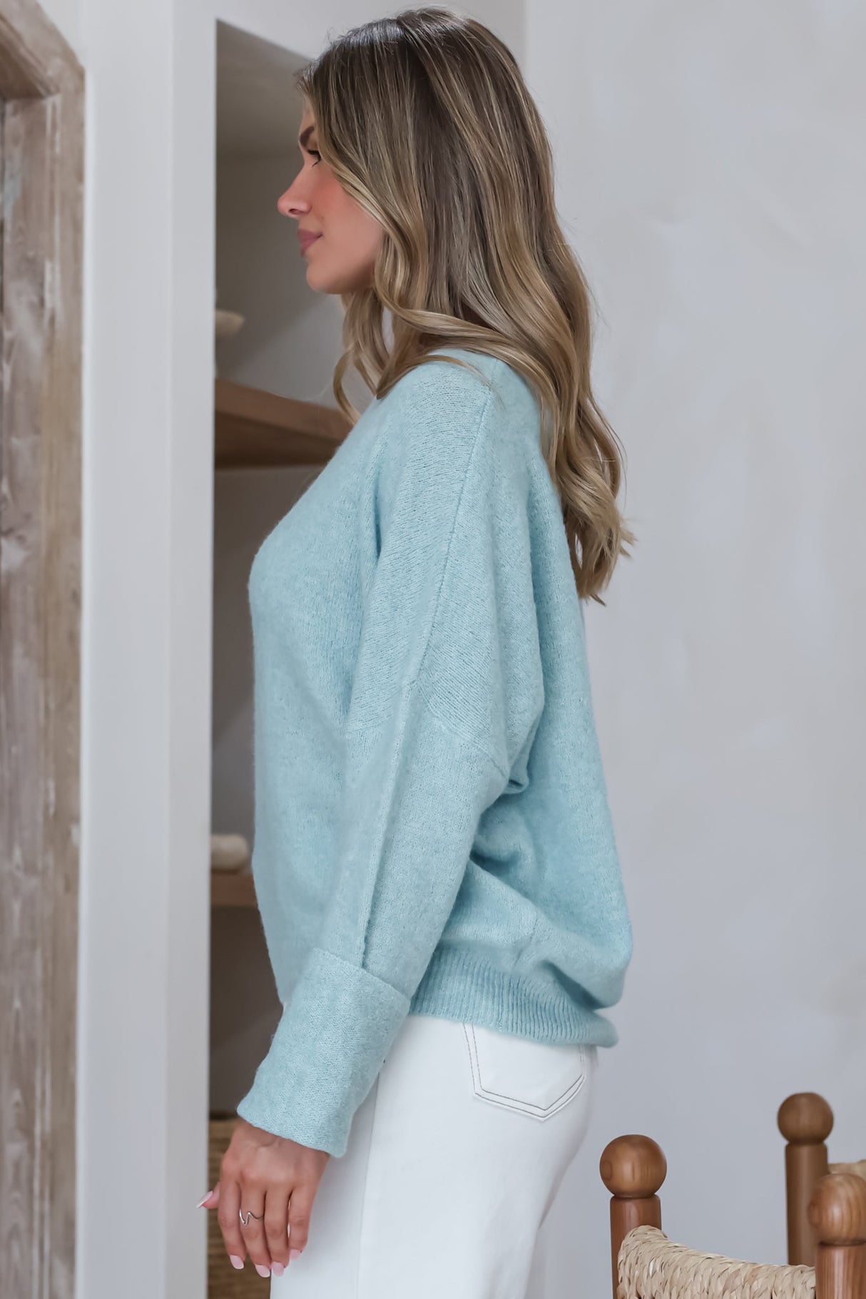 Joanne Knit Top - Crew Neckline Bat Wing Long Sleeve Top in Blue