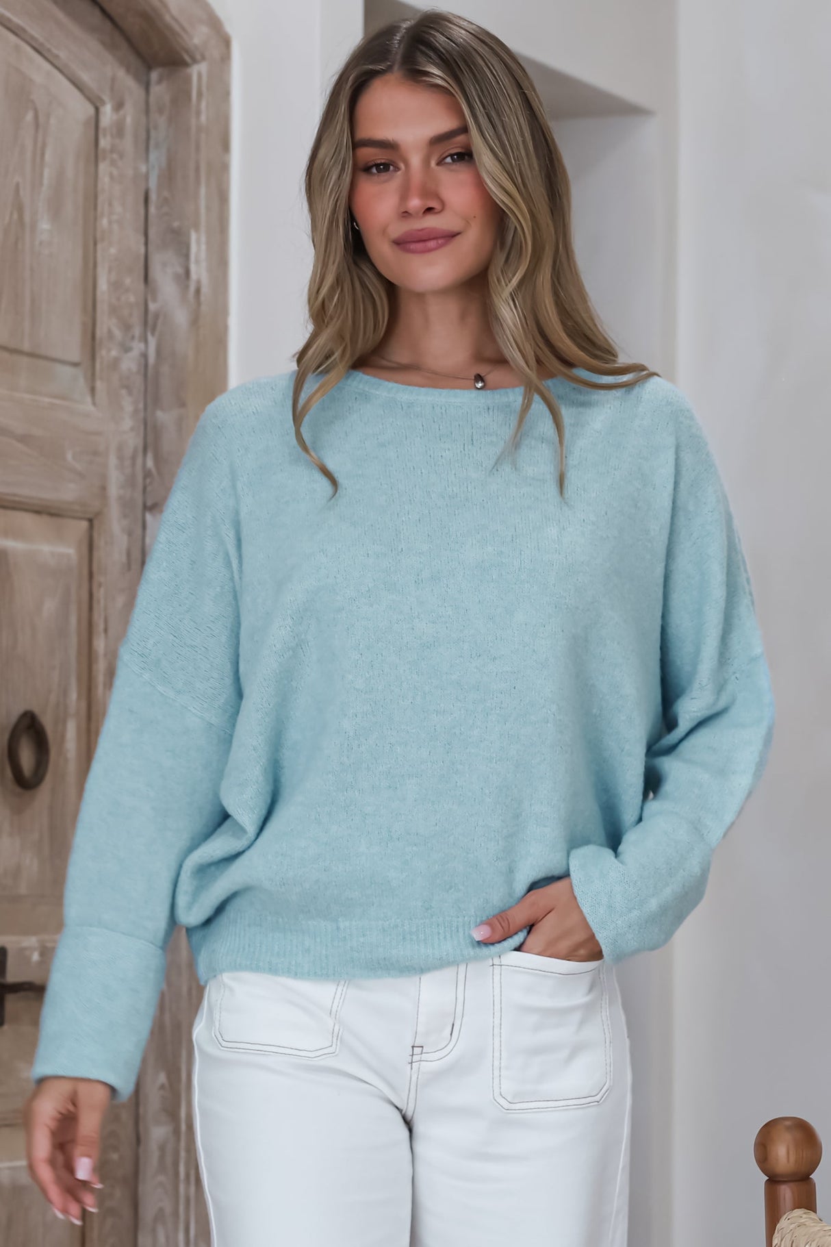 Joanne Knit Top - Crew Neckline Bat Wing Long Sleeve Top in Blue