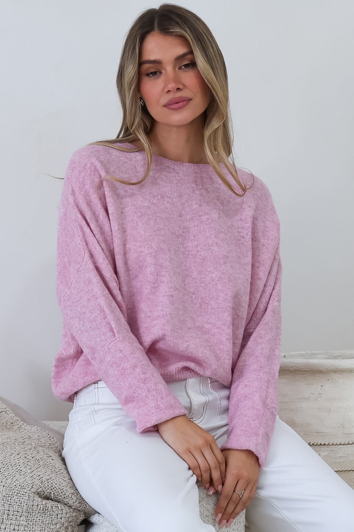 Joanne Knit Top - Crew Neckline Bat Wing Long Sleeve Top in Boysenberry