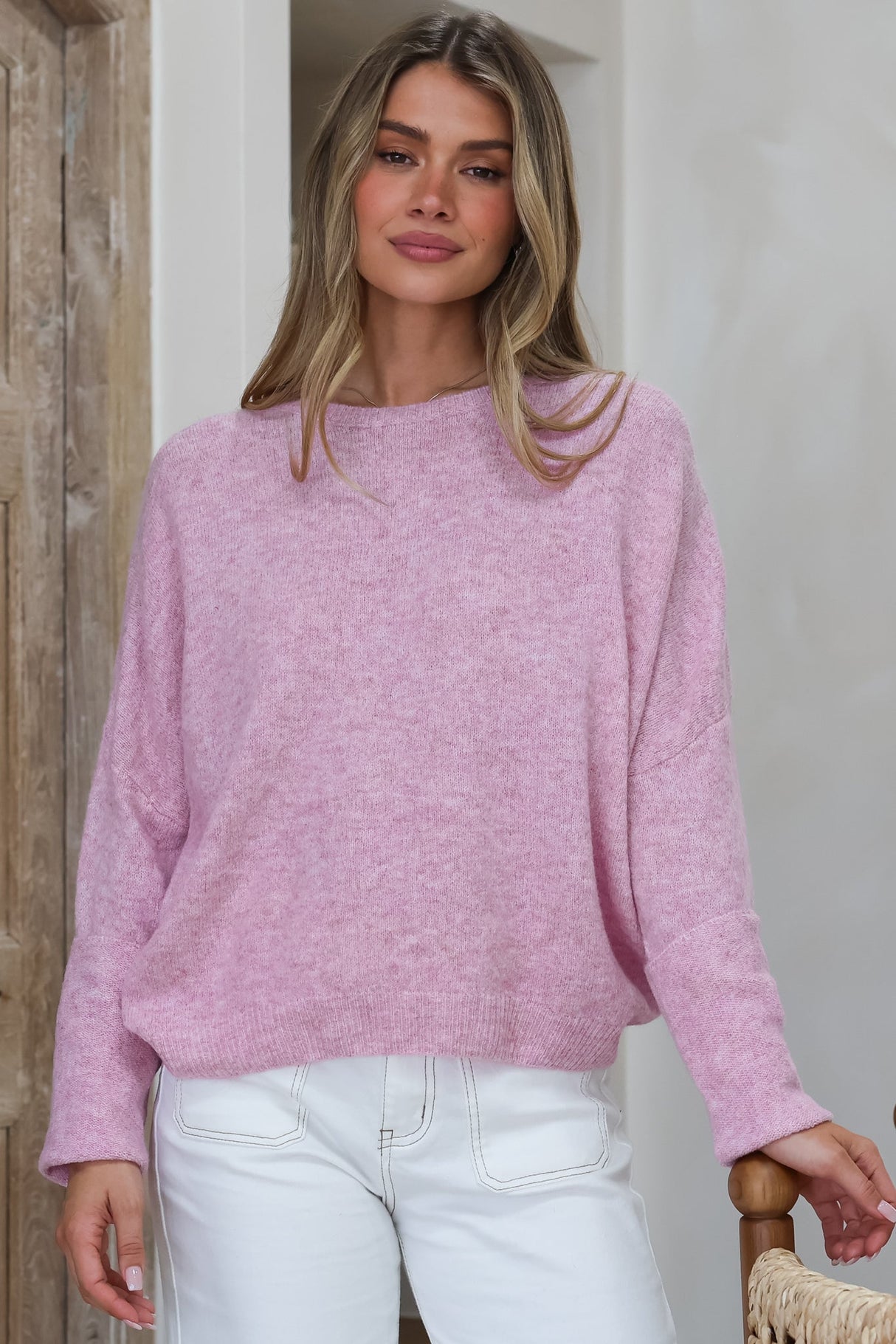 Joanne Knit Top - Crew Neckline Bat Wing Long Sleeve Top in Boysenberry