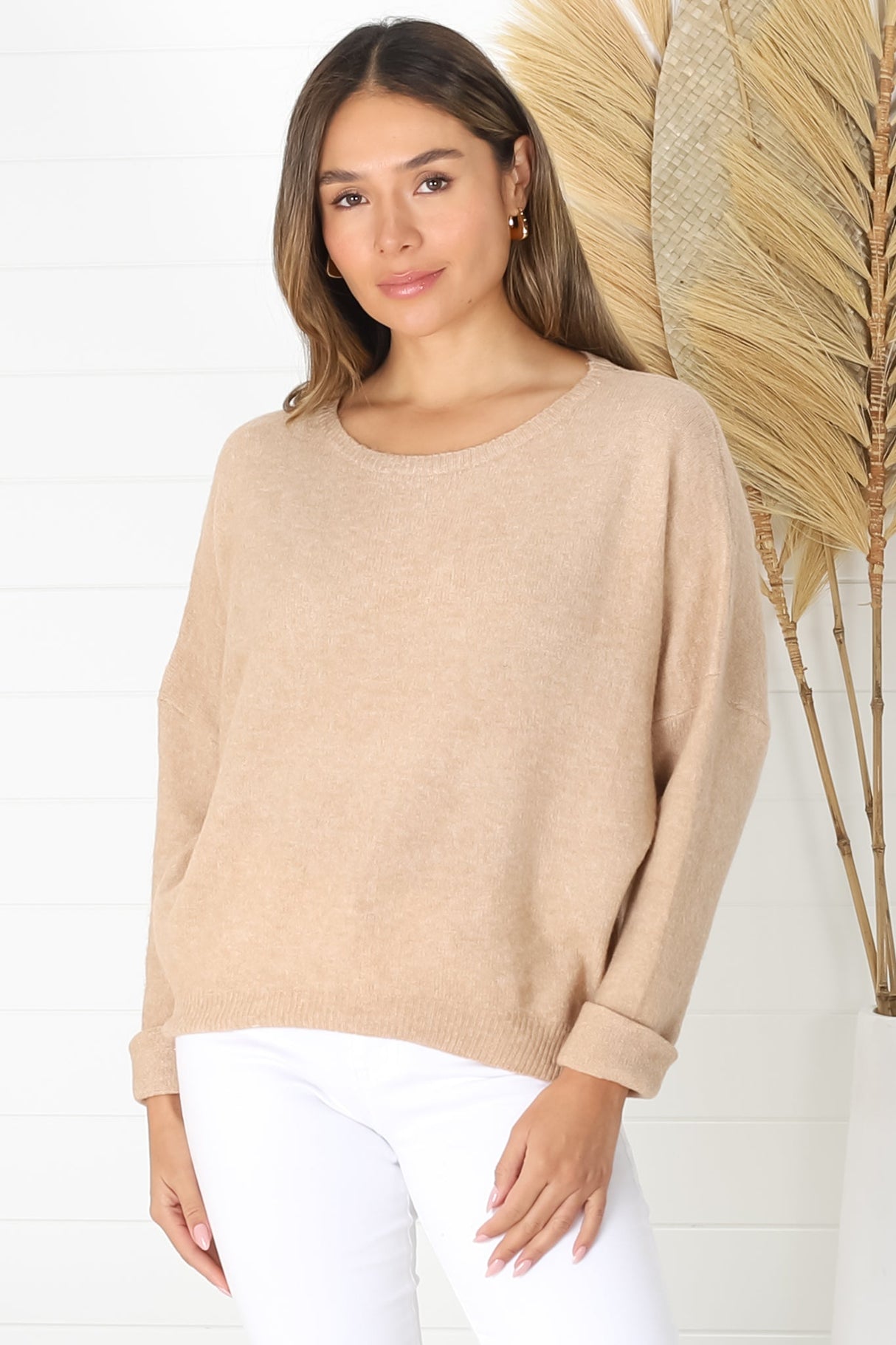 Joanne Knit Top - Crew Neckline Bat Wing Long Sleeve Top in Caramel