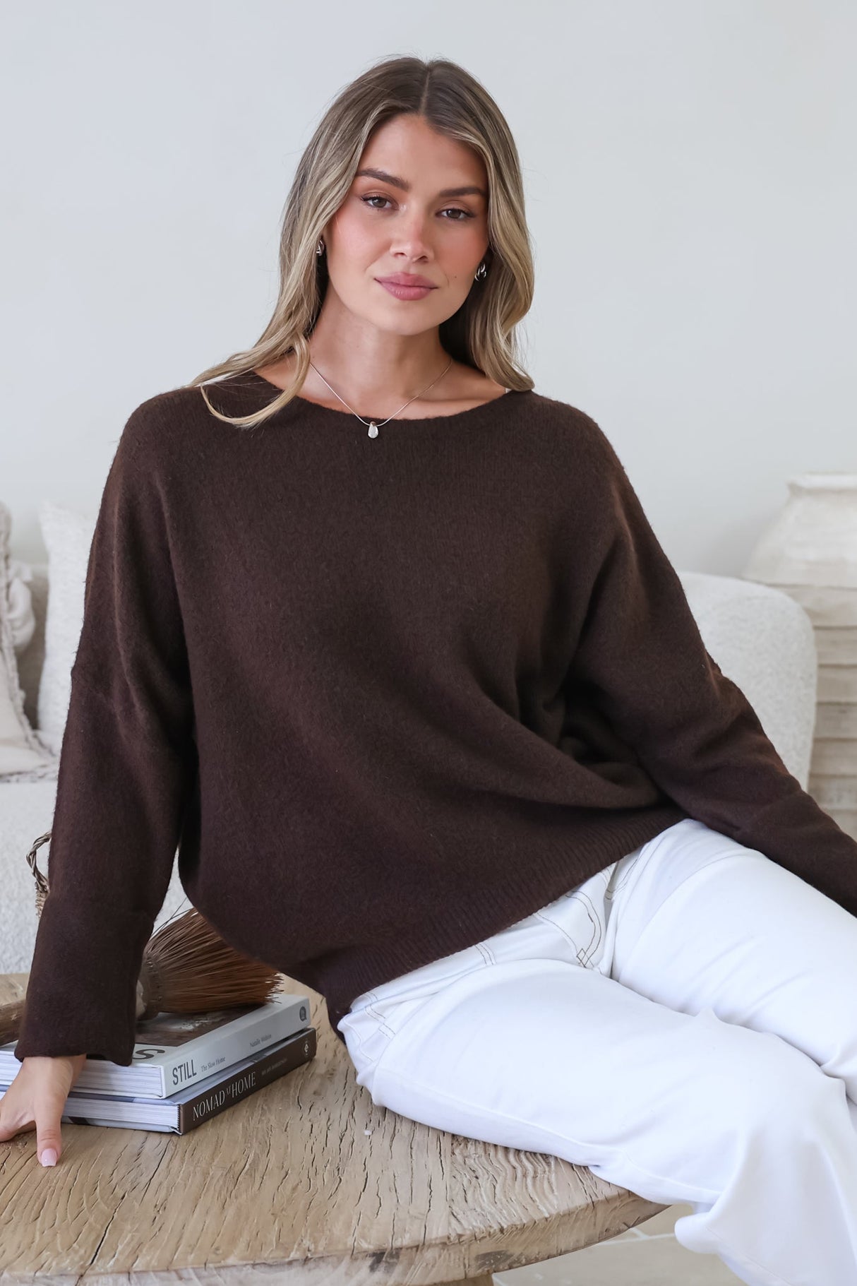 Joanne Knit Top - Crew Neckline Bat Wing Long Sleeve Top in Chocolate
