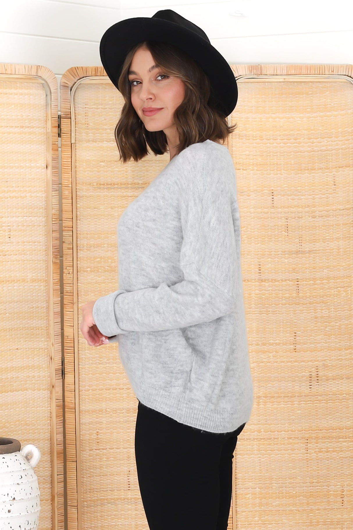 Joanne Knit Top - Crew Neckline Bat Wing Long Sleeve Top in Grey