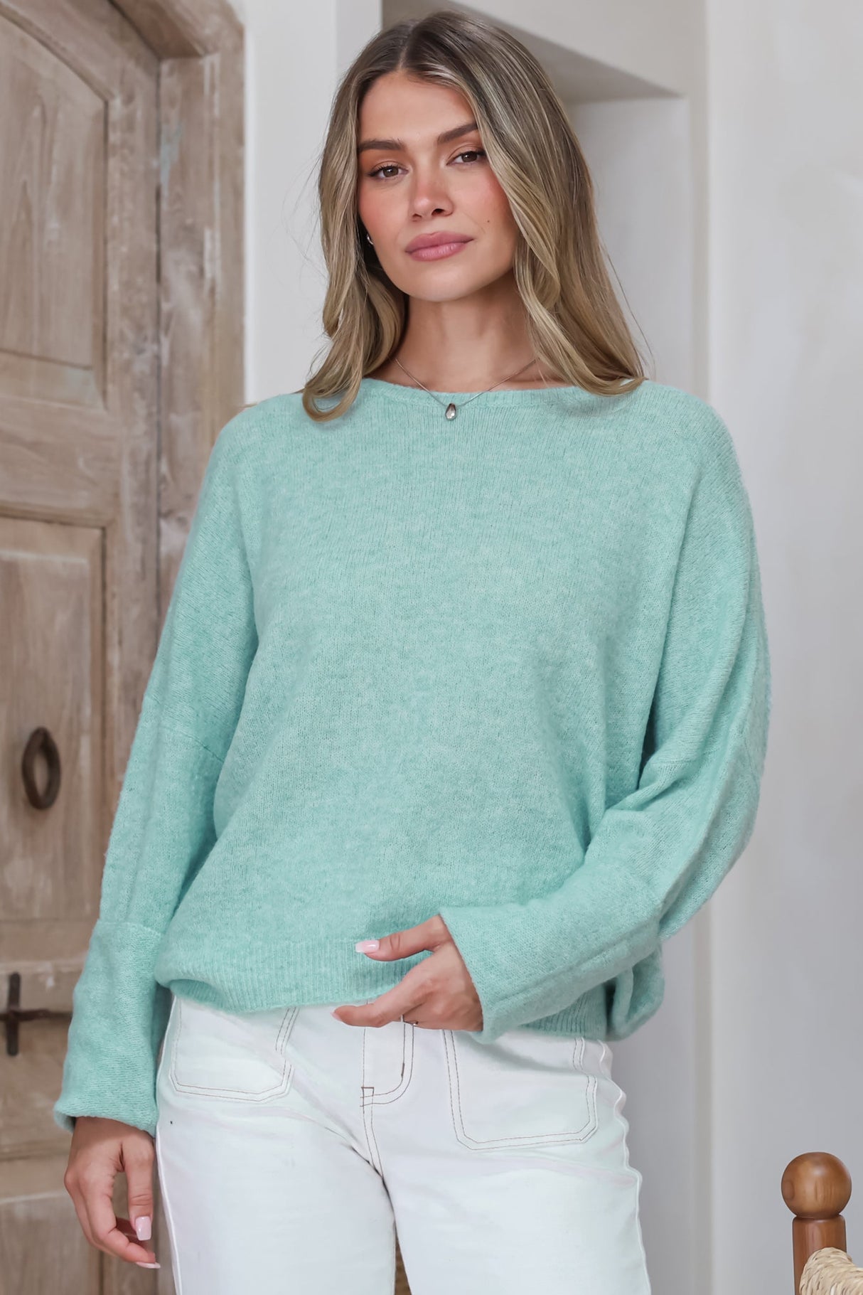 Joanne Knit Top - Crew Neckline Bat Wing Long Sleeve Top in Light Green