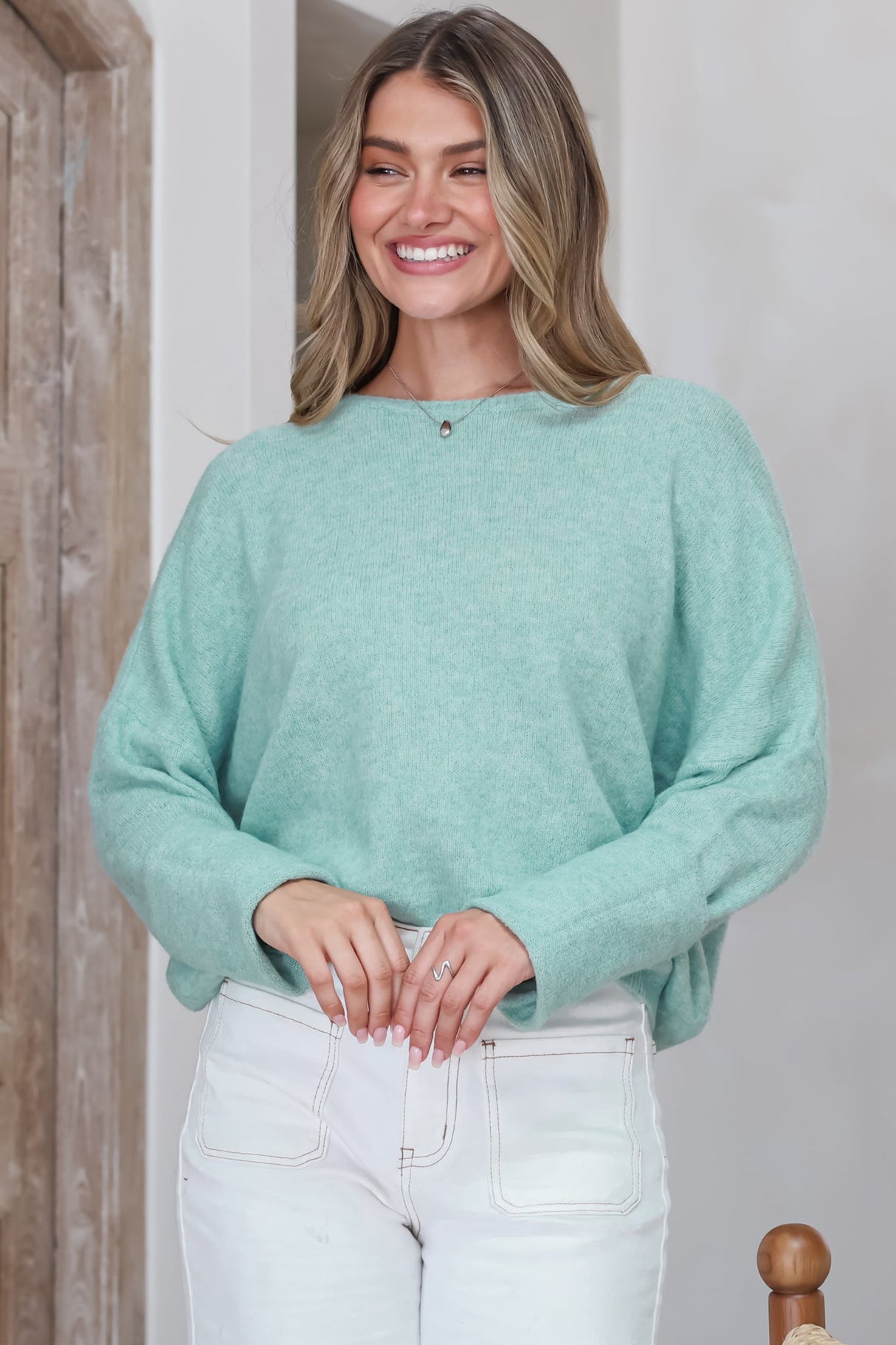 Joanne Knit Top - Crew Neckline Bat Wing Long Sleeve Top in Light Green