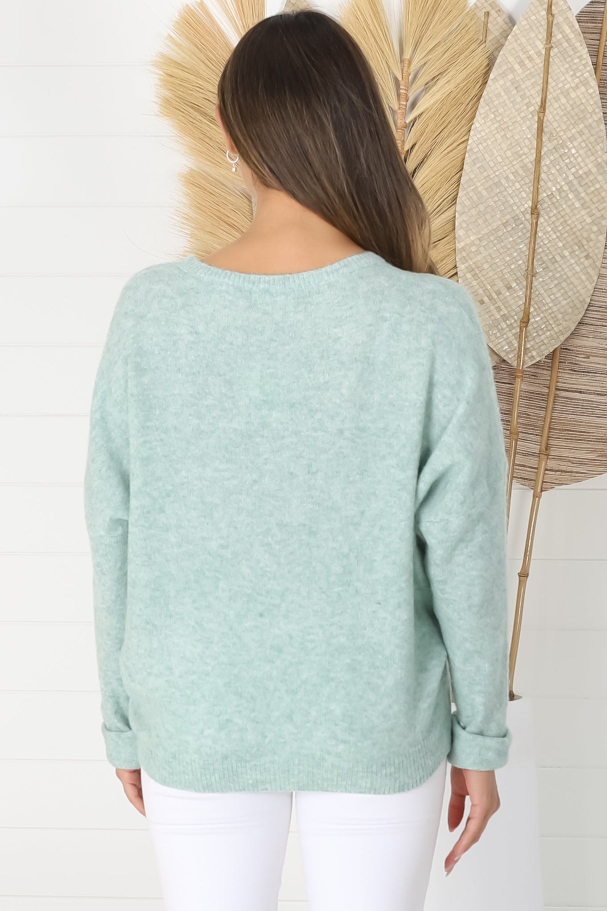 Joanne Knit Top - Crew Neckline Bat Wing Long Sleeve Top in Mint