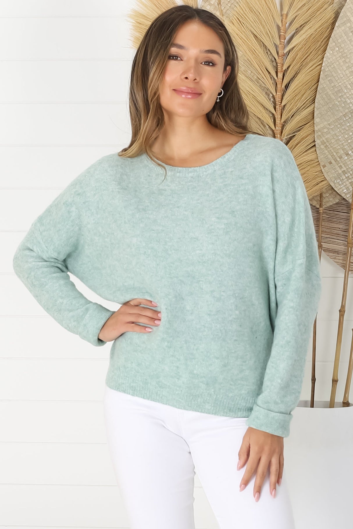 Joanne Knit Top - Crew Neckline Bat Wing Long Sleeve Top in Mint