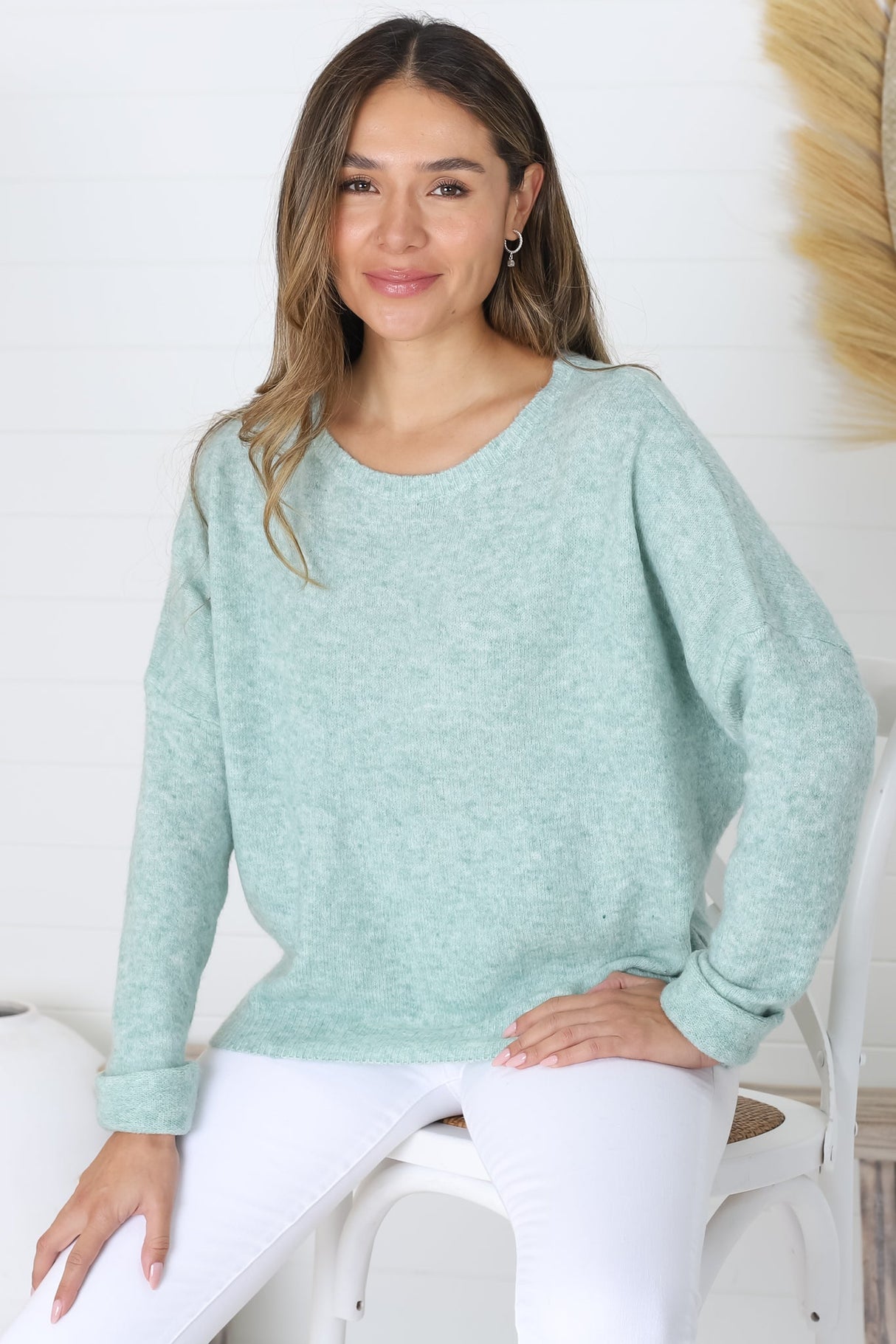 Joanne Knit Top - Crew Neckline Bat Wing Long Sleeve Top in Mint