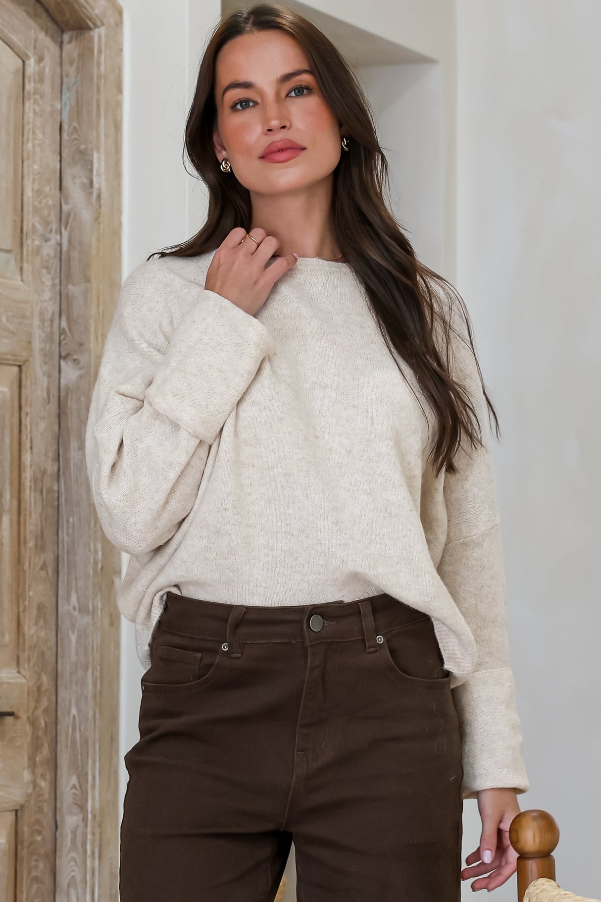 Joanne Knit Top - Crew Neckline Bat Wing Long Sleeve Top in Oatmeal