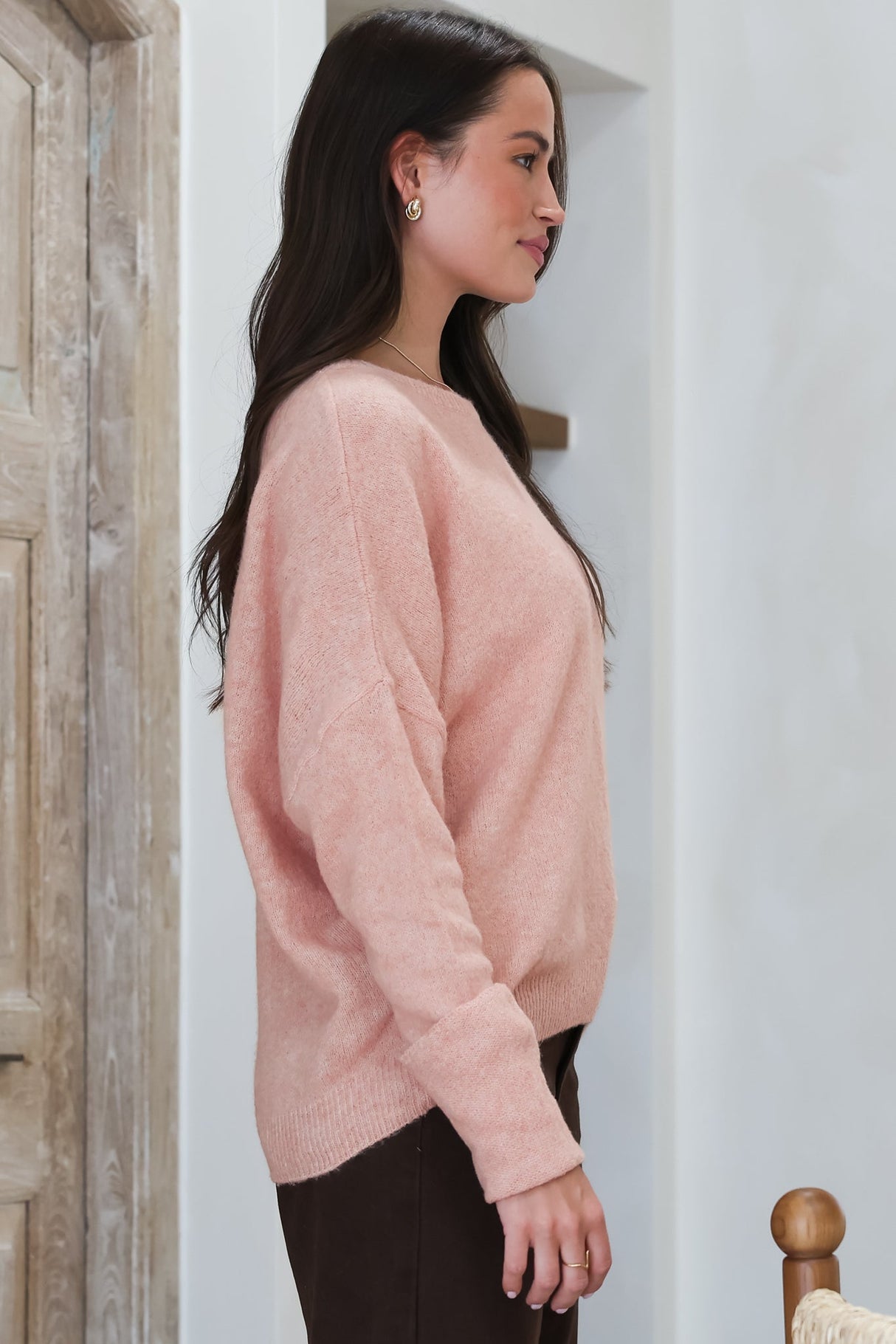 Joanne Knit Top - Crew Neckline Bat Wing Long Sleeve Top in Rose Pink
