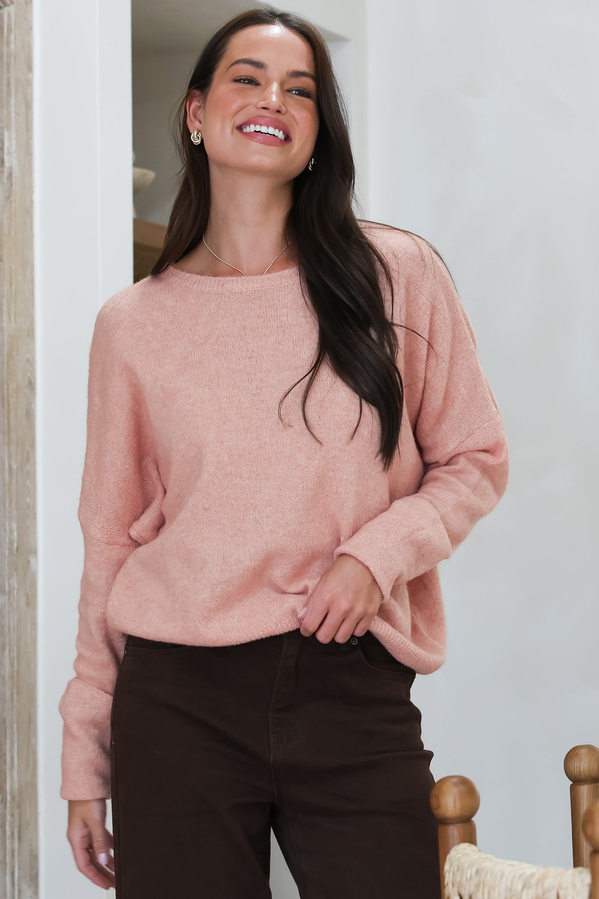 Joanne Knit Top - Crew Neckline Bat Wing Long Sleeve Top in Rose Pink