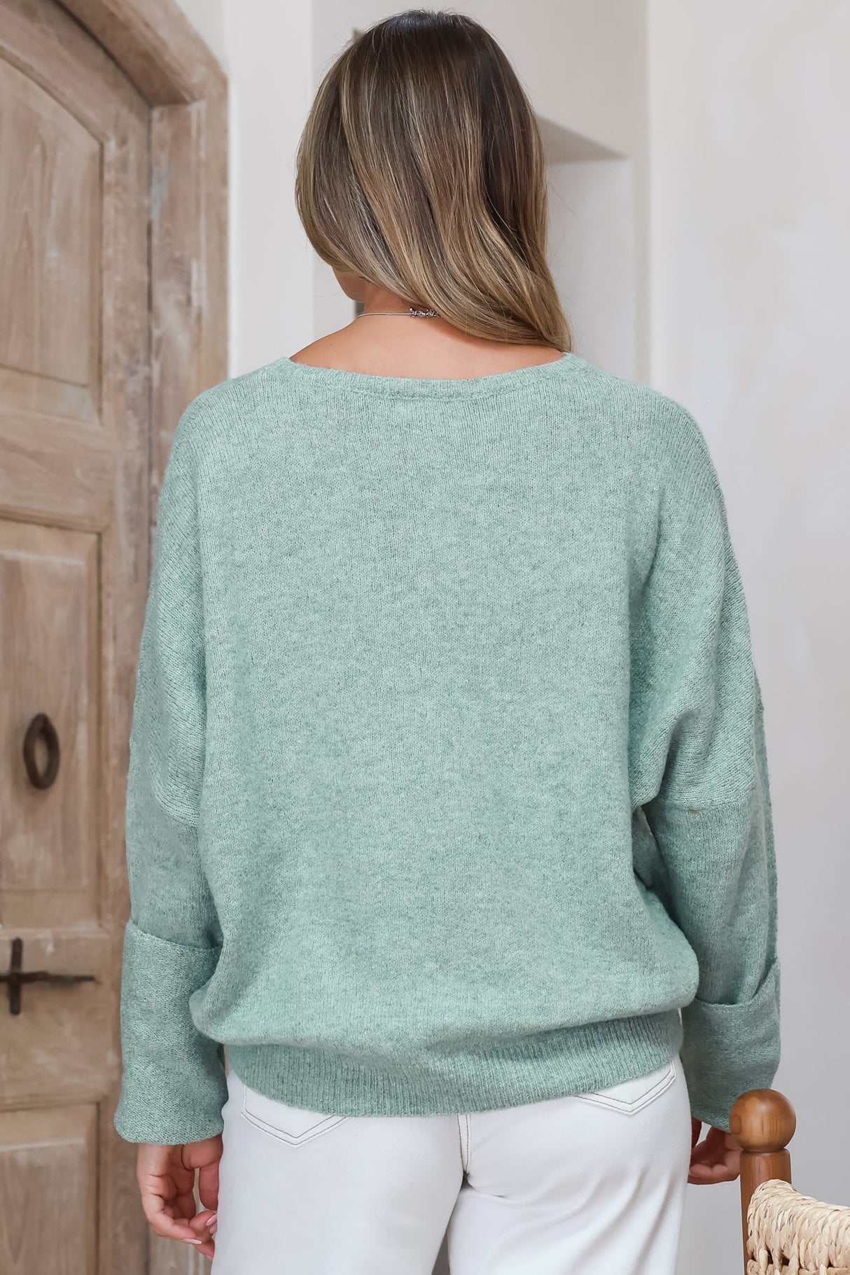 Joanne Knit Top - Crew Neckline Bat Wing Long Sleeve Top in Sea Green