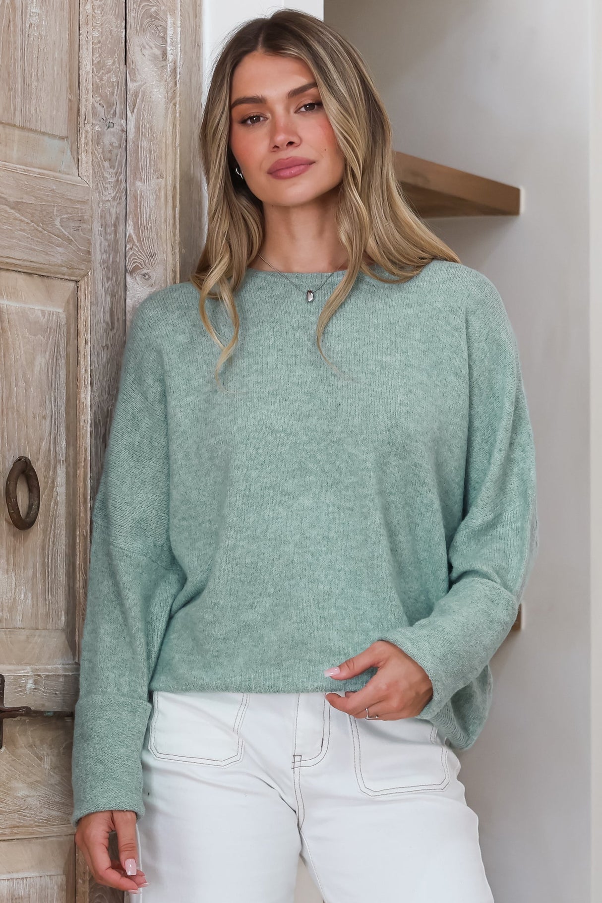 Joanne Knit Top - Crew Neckline Bat Wing Long Sleeve Top in Sea Green