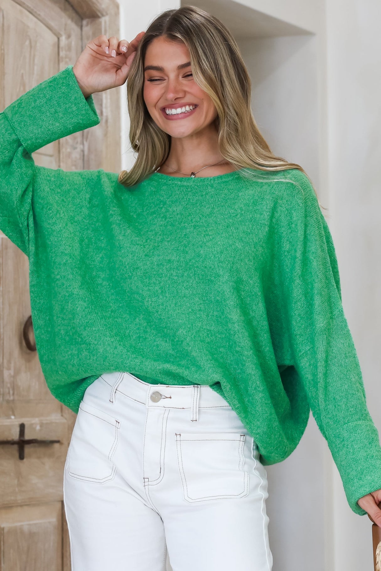 Joanne Knit Top - Crew Neckline Bat Wing Long Sleeve Top in Green