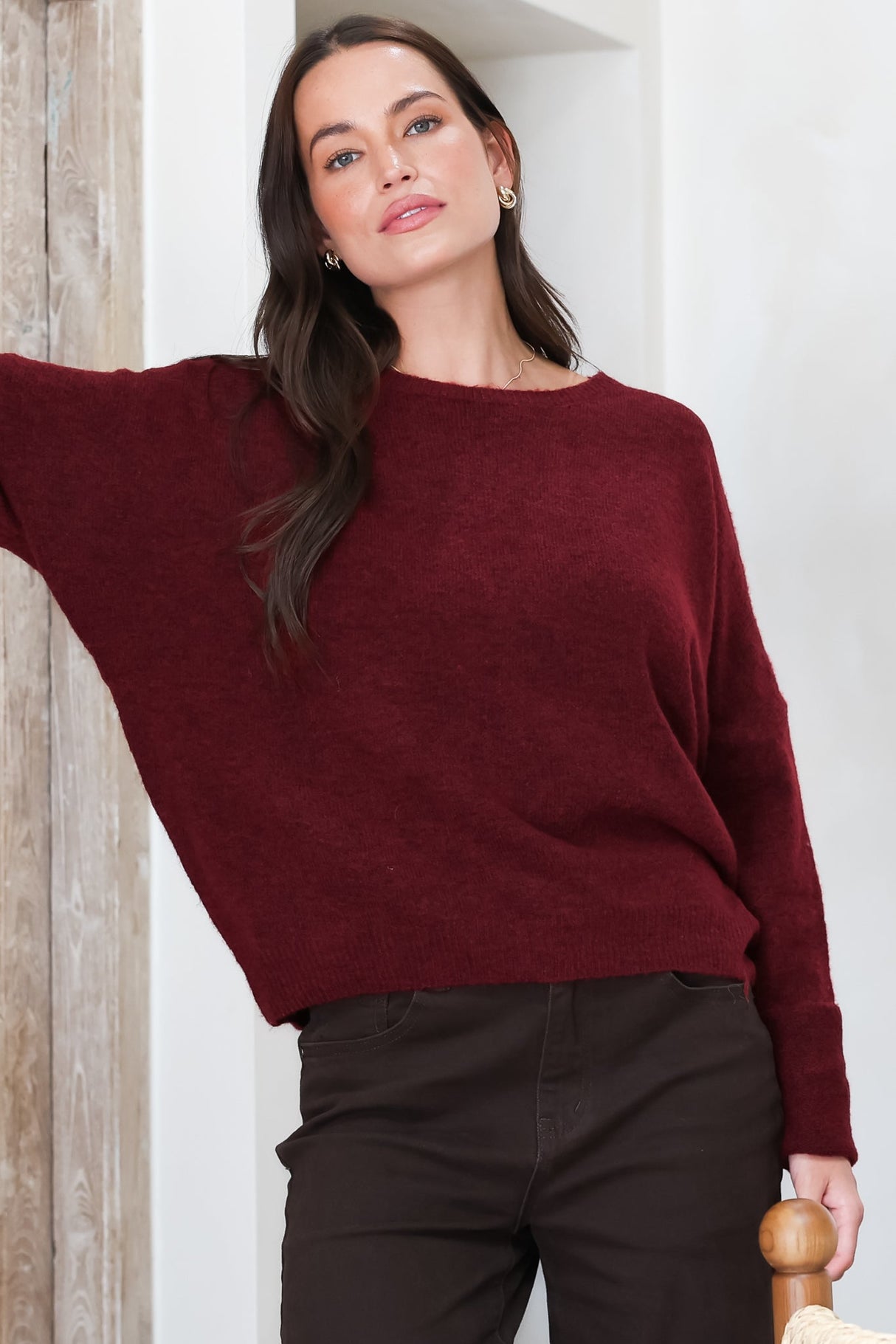 Joanne Knit Top - Crew Neckline Bat Wing Long Sleeve Top in Wine
