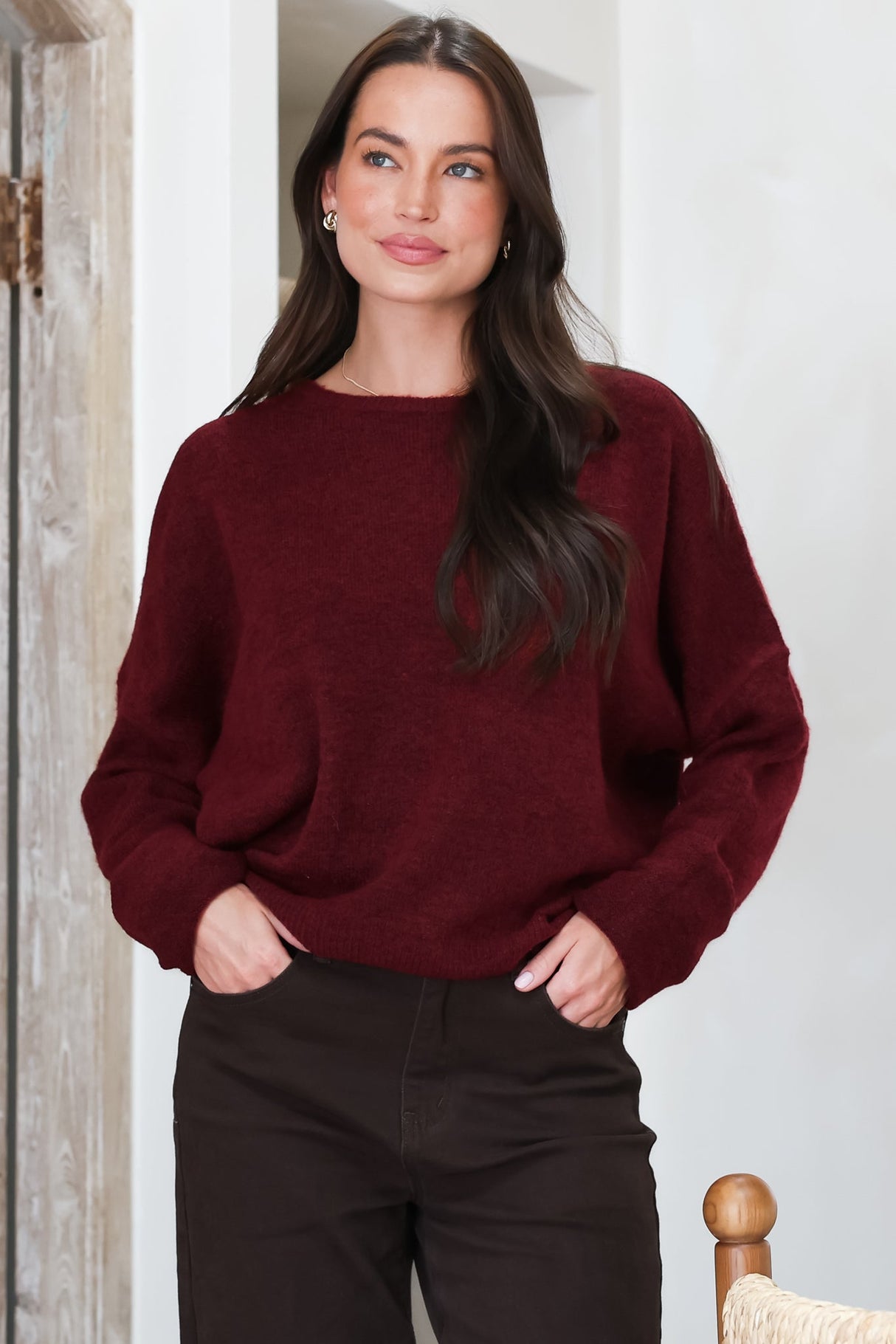 Joanne Knit Top - Crew Neckline Bat Wing Long Sleeve Top in Wine
