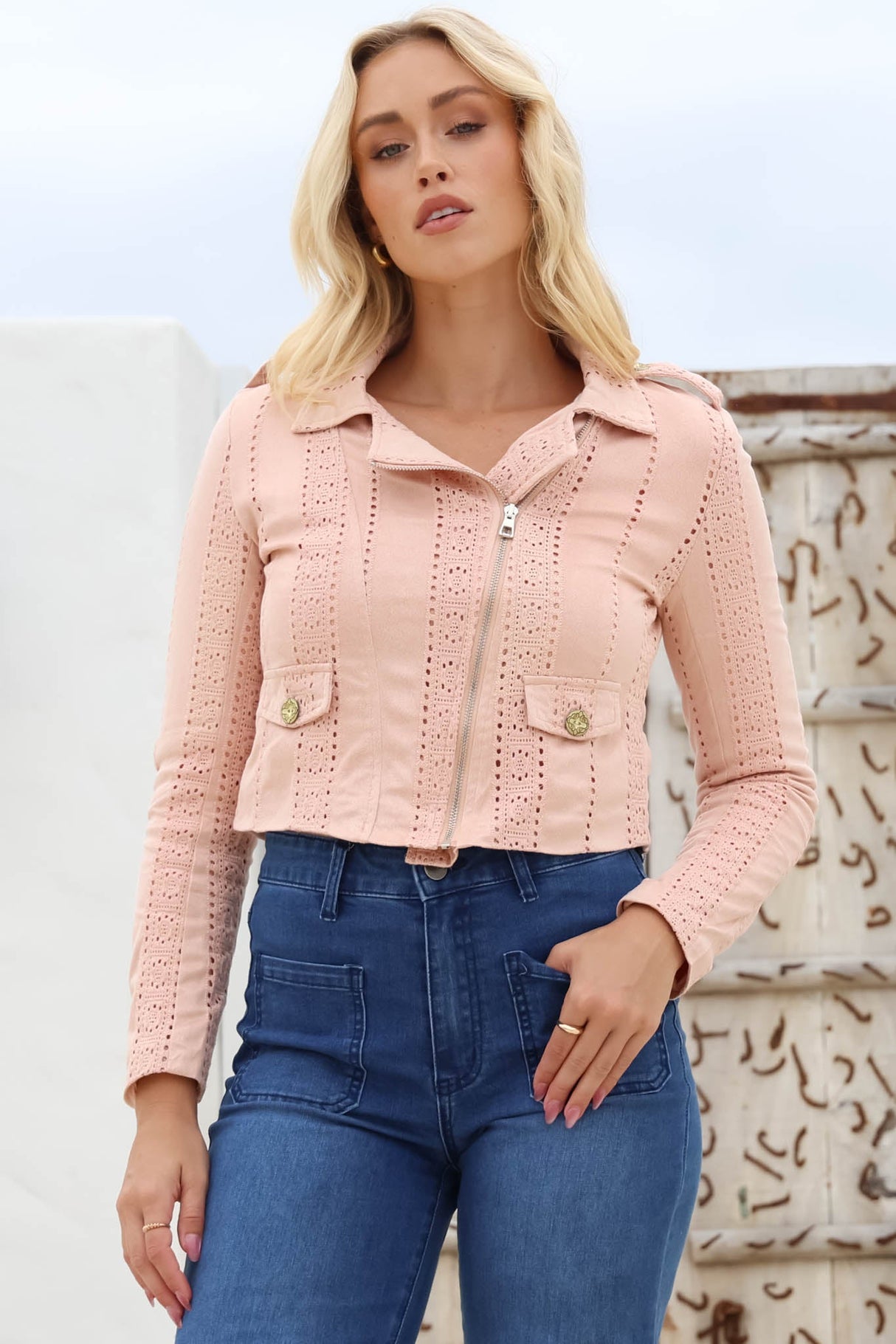 Jodi Jacket - Embroidered Detailing Biker Faux Suede Jacket in Blush