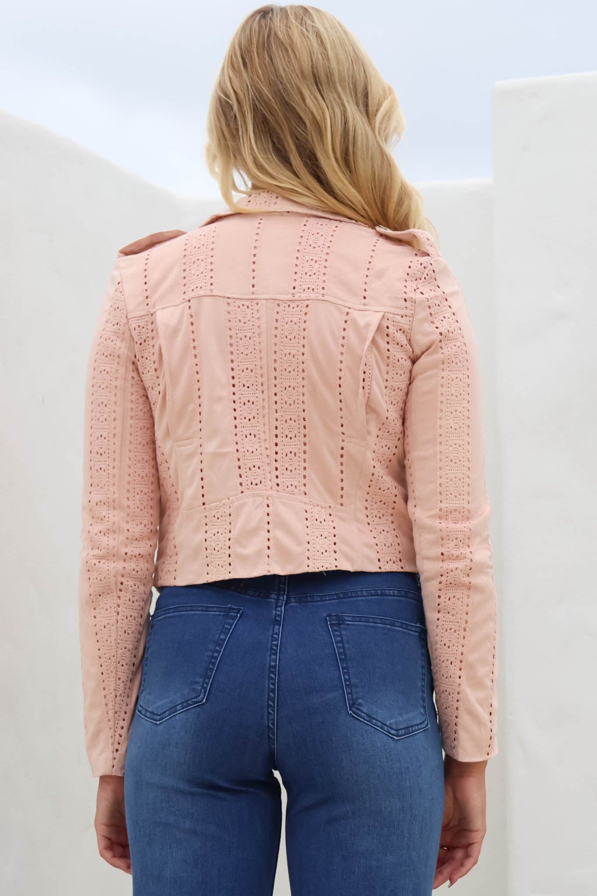 Jodi Jacket - Embroidered Detailing Biker Faux Suede Jacket in Blush