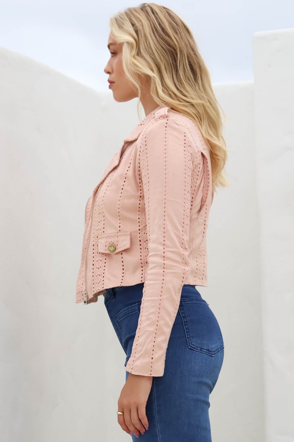 Jodi Jacket - Embroidered Detailing Biker Faux Suede Jacket in Blush