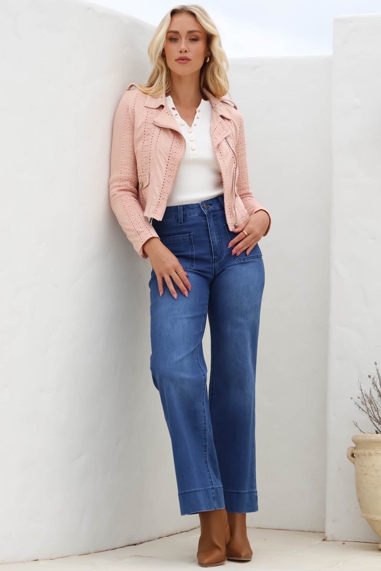 Jodi Jacket - Embroidered Detailing Biker Faux Suede Jacket in Blush